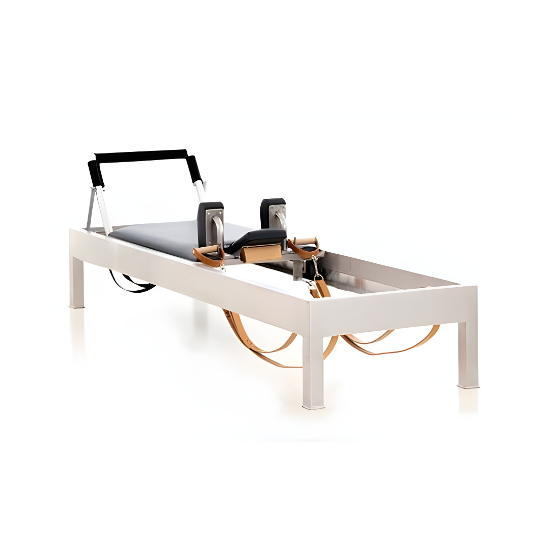 Luxury reformer combining aluminum wood, birch, and precision craftsmanship.