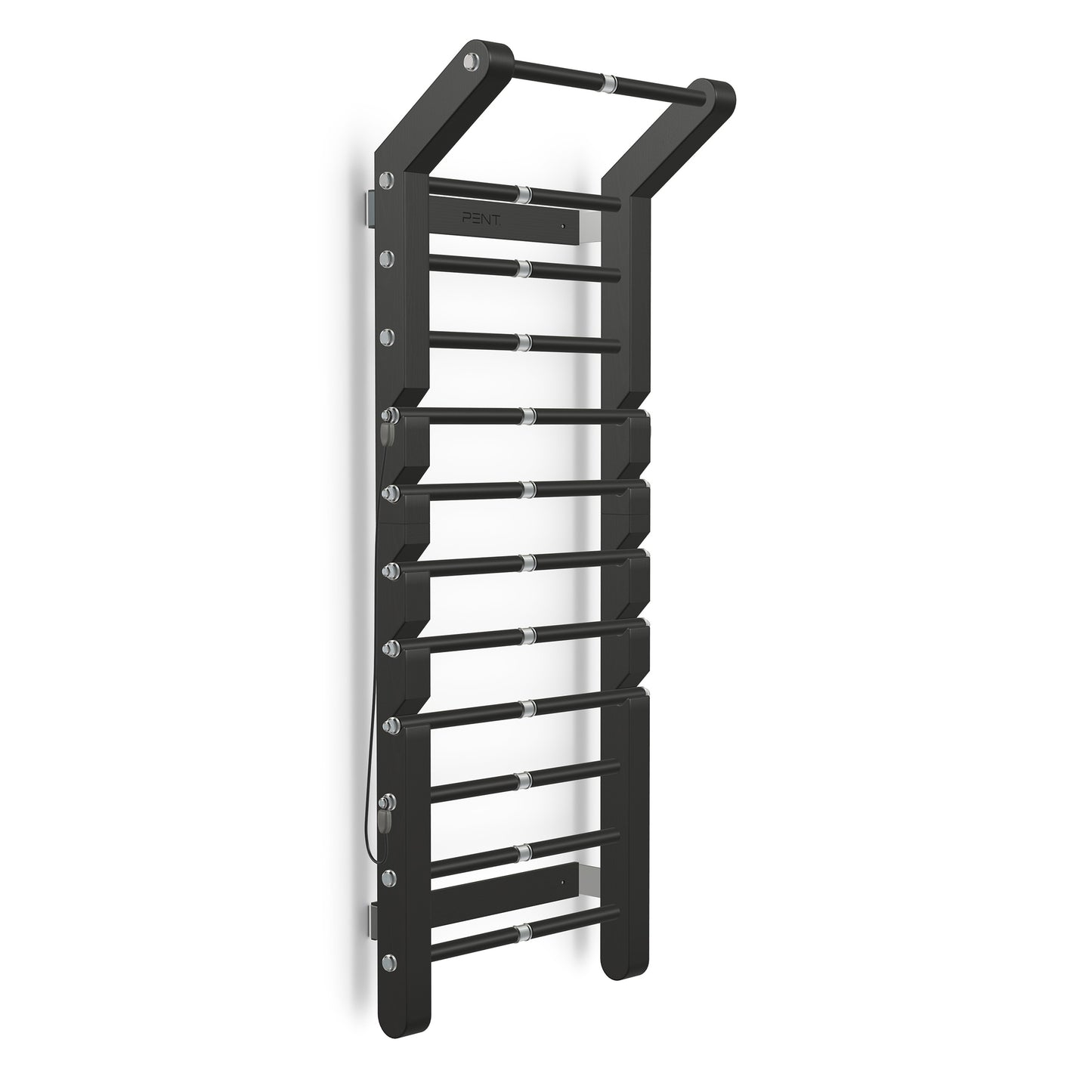 Luxurious home gym equipment, luxury wall bar with removable rungs and pull up bar handcrafted with stainless steel and premium natural black ash wood. PENT. SCALA