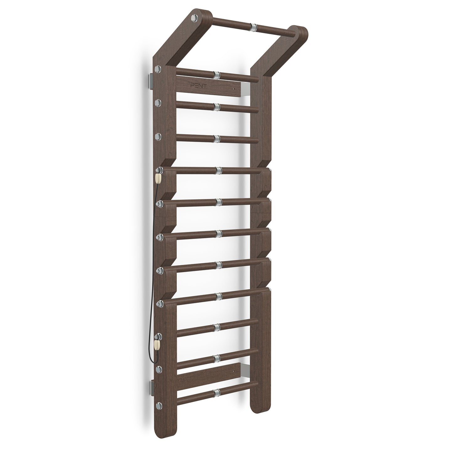 Luxurious home gym equipment, luxury wall bar with removable rungs and pull up bar handcrafted with stainless steel and premium natural dark walnut wood. PENT. SCALA