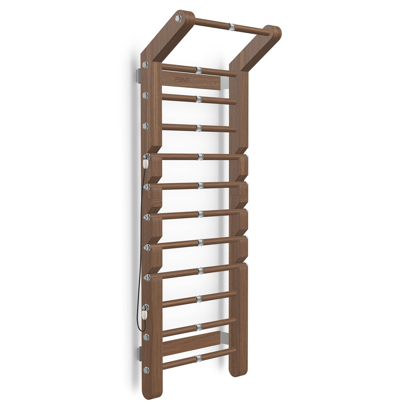 Luxurious home gym equipment, luxury wall bar with removable rungs and pull up bar handcrafted with stainless steel and premium natural walnut wood. PENT. SCALA