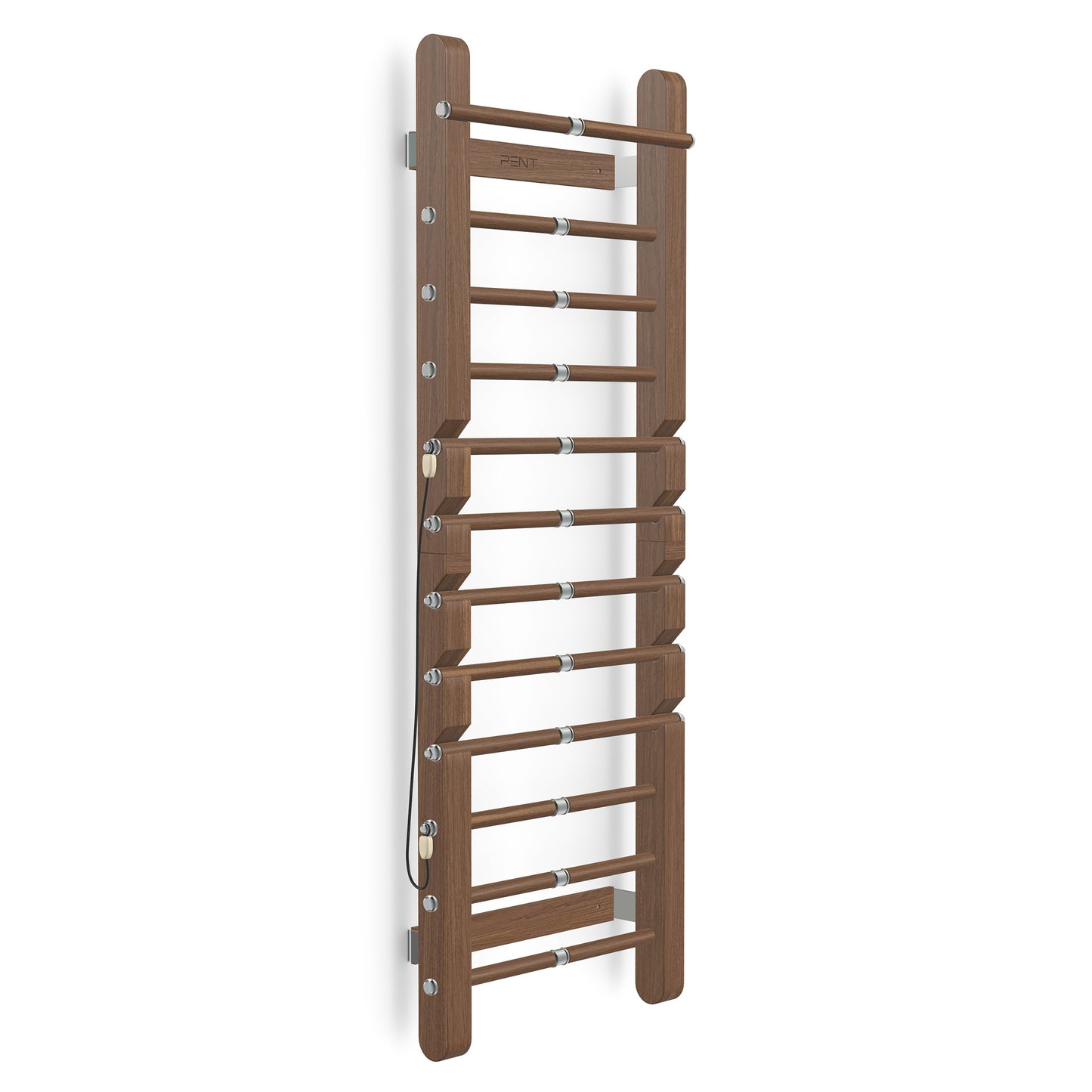 Luxurious home gym equipment, luxury wall bar with removable rungs handcrafted with stainless steel and premium natural walnut stained ash wood. PENT. SCALA