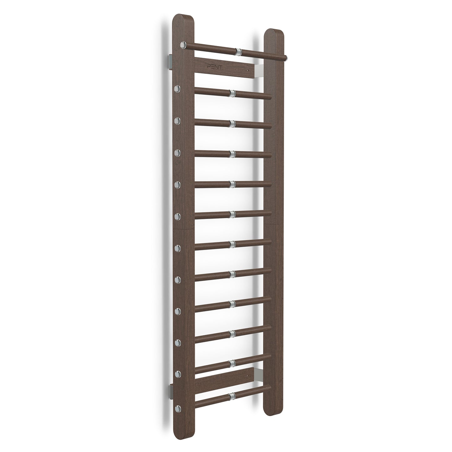 Luxurious home gym equipment, luxury fitness wall bar handcrafted with stainless steel and premium natural dark walnut wood. PENT. SCALA