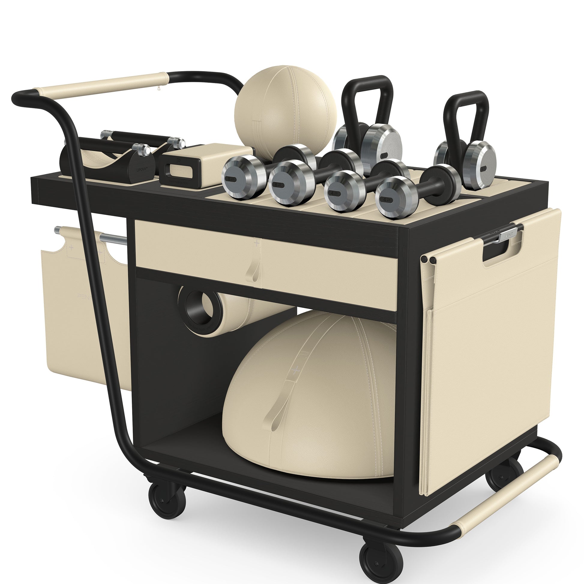 PENT. SOPHIA: dumbbells, kettlebells, balance trainer, medicine ball, skipping rope, exercise mat, push up bars, yoga block and stretching roller. Made with stainless steel, premium Italian beige base leather, beige accent leather and black ash wood.