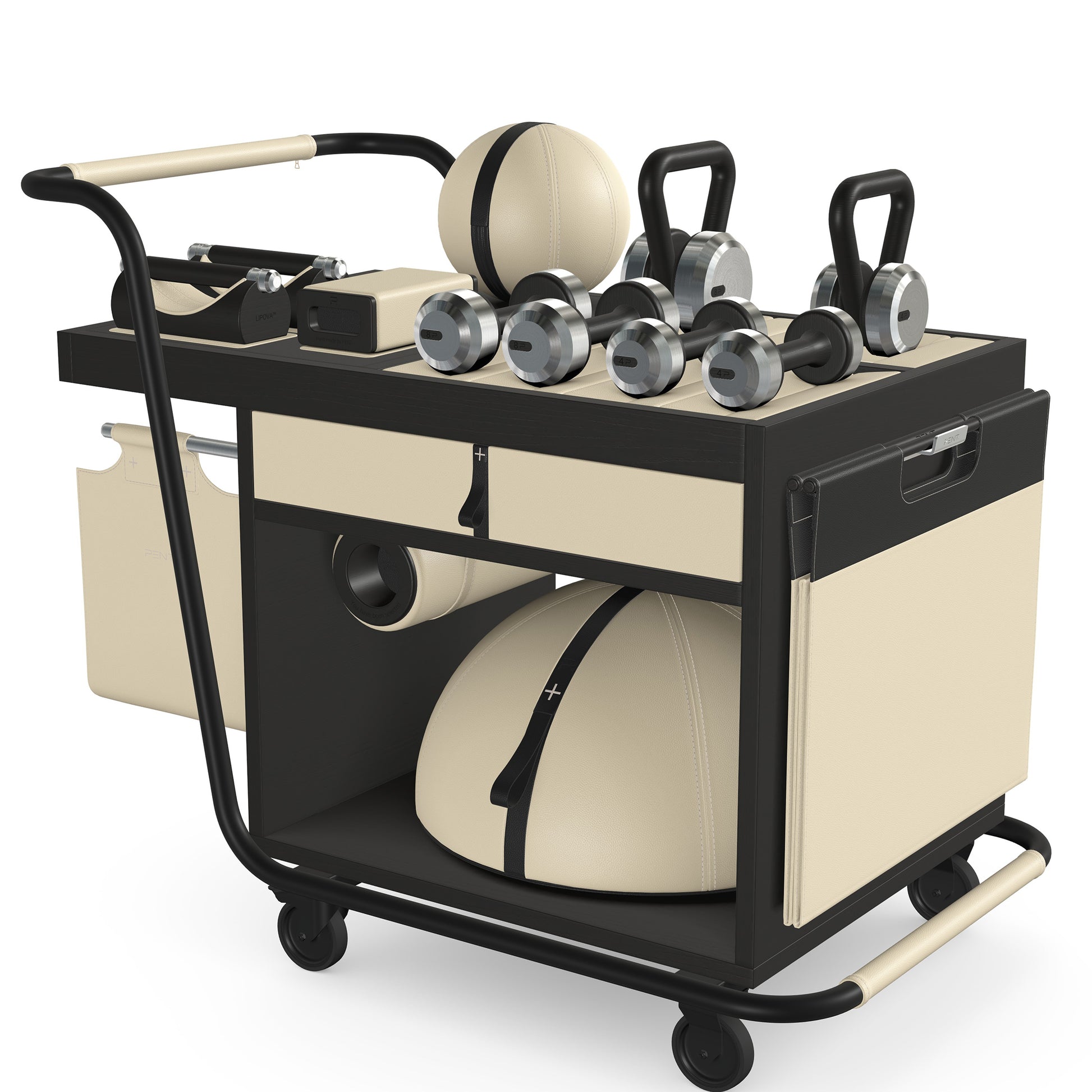 PENT. SOPHIA: dumbbells, kettlebells, balance trainer, medicine ball, skipping rope, exercise mat, push up bars, yoga block and stretching roller. Made with stainless steel, premium Italian beige base leather, black accent leather and black ash wood.