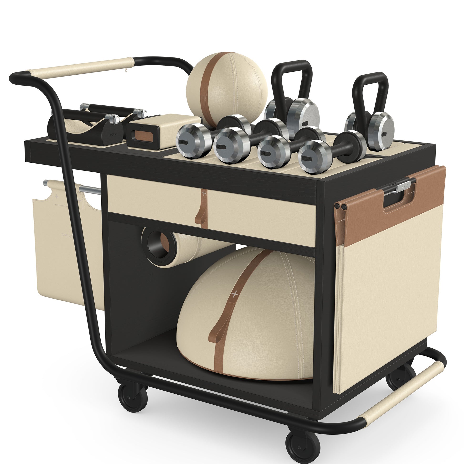 PENT. SOPHIA: dumbbells, kettlebells, balance trainer, medicine ball, skipping rope, exercise mat, push up bars, yoga block and stretching roller. Made with stainless steel, premium Italian beige base leather, brown accent leather and black ash wood.