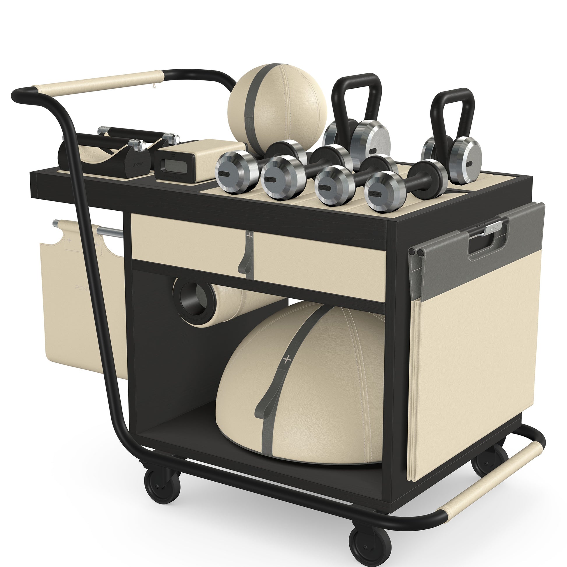PENT. SOPHIA: dumbbells, kettlebells, balance trainer, medicine ball, skipping rope, exercise mat, push up bars, yoga block and stretching roller. Made with stainless steel, premium Italian beige base leather, grey accent leather and black ash wood.
