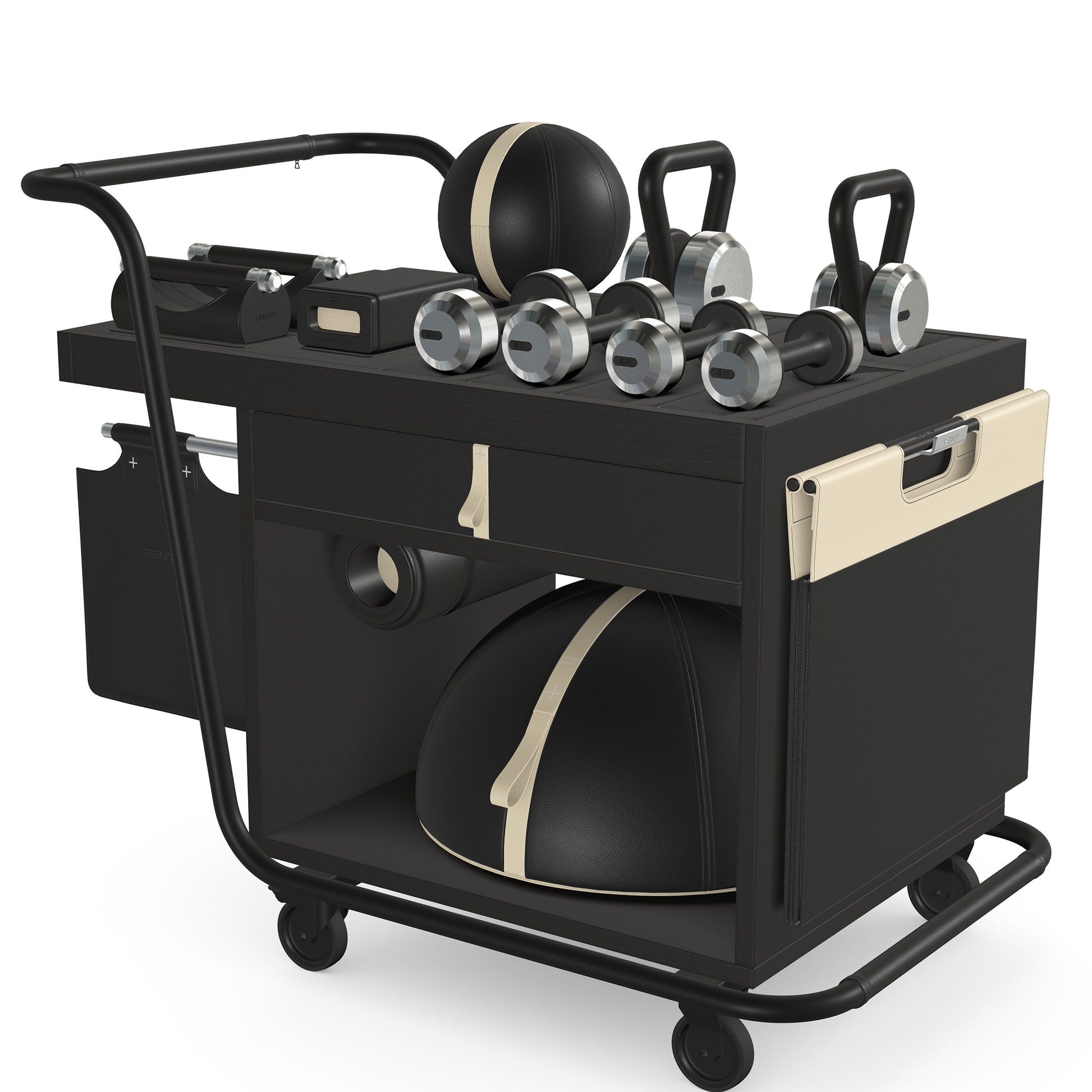 PENT. SOPHIA: dumbbells, kettlebells, balance trainer, medicine ball, skipping rope, exercise mat, push up bars, yoga block and stretching roller. Made with stainless steel, premium Italian black base leather, beige accent leather and black ash wood.