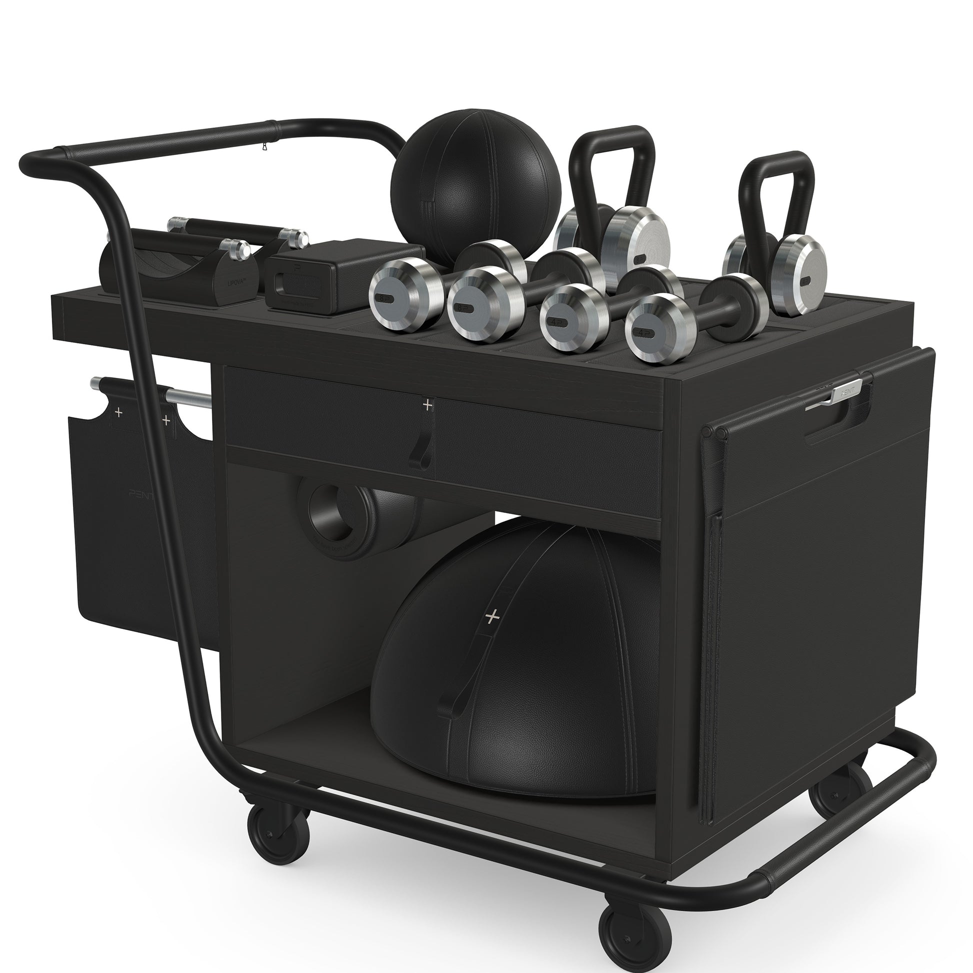 PENT. SOPHIA: dumbbells, kettlebells, balance trainer, medicine ball, skipping rope, exercise mat, push up bars, yoga block and stretching roller. Made with stainless steel, premium Italian black base leather, black accent leather and black ash wood.