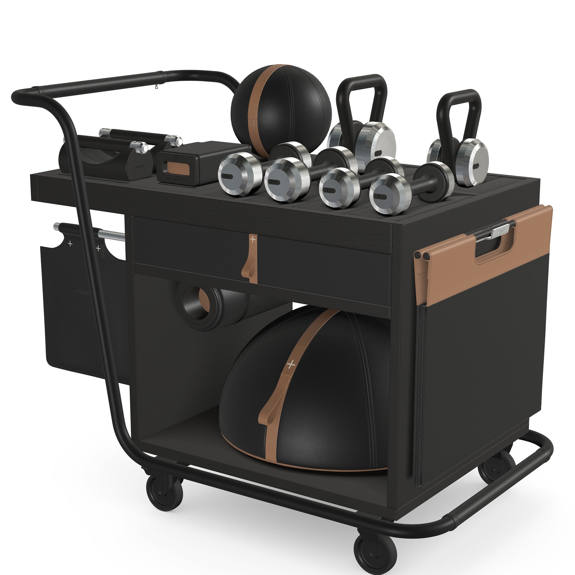 PENT. SOPHIA: dumbbells, kettlebells, balance trainer, medicine ball, skipping rope, exercise mat, push up bars, yoga block and stretching roller. Made with stainless steel, premium Italian black base leather, brown  accent leather and black ash wood.