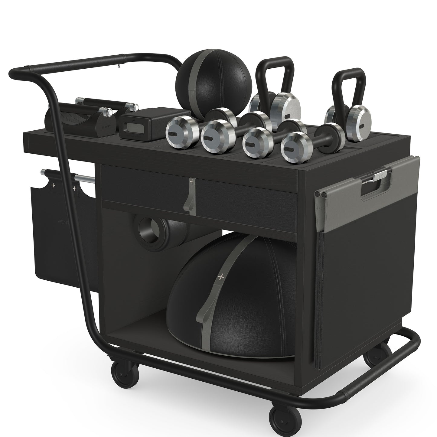 PENT. SOPHIA: dumbbells, kettlebells, balance trainer, medicine ball, skipping rope, exercise mat, push up bars, yoga block and stretching roller. Made with stainless steel, premium Italian black base leather, grey accent leather and black ash wood.
