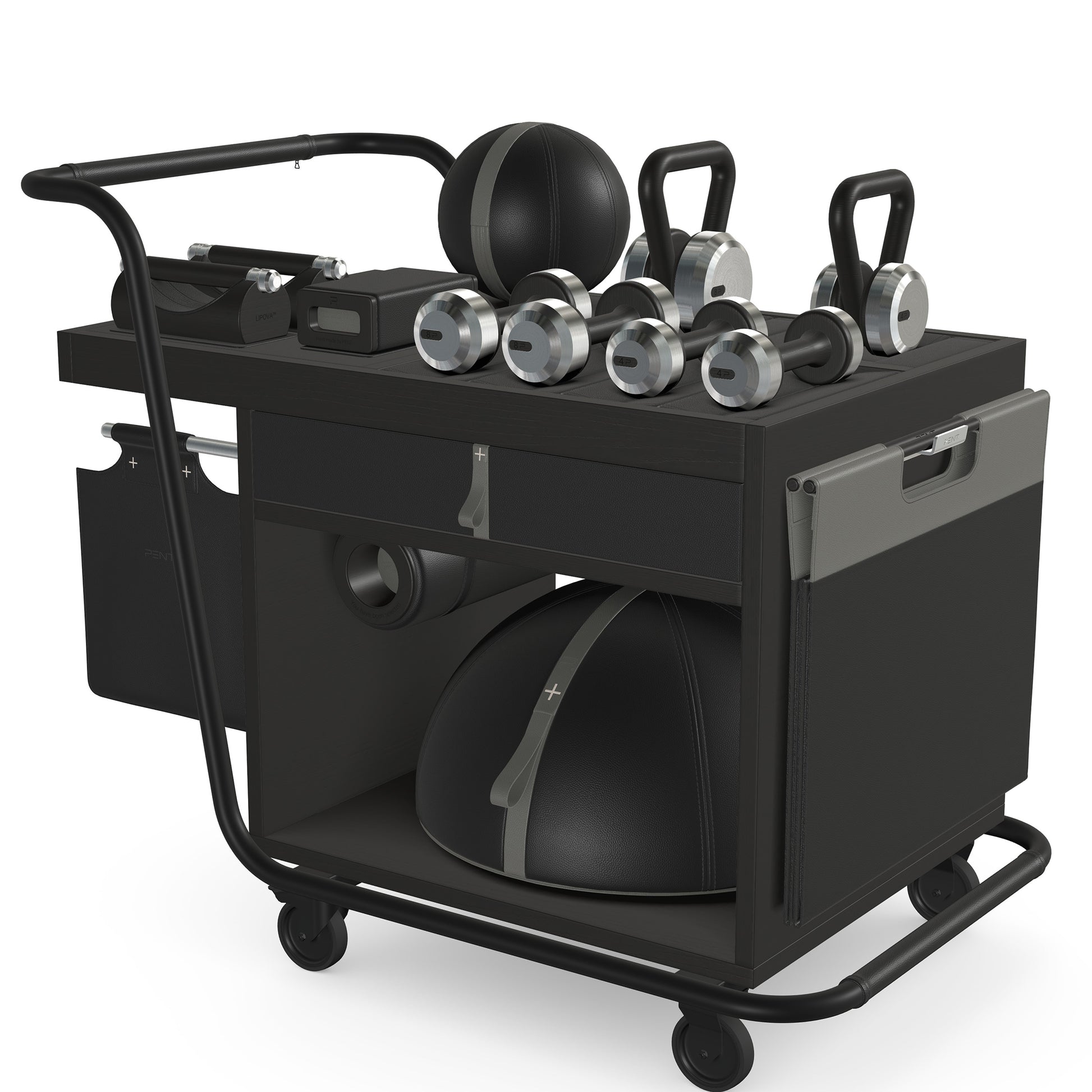 PENT. SOPHIA: dumbbells, kettlebells, balance trainer, medicine ball, skipping rope, exercise mat, push up bars, yoga block and stretching roller. Made with stainless steel, premium Italian black base leather, grey accent leather and black ash wood.