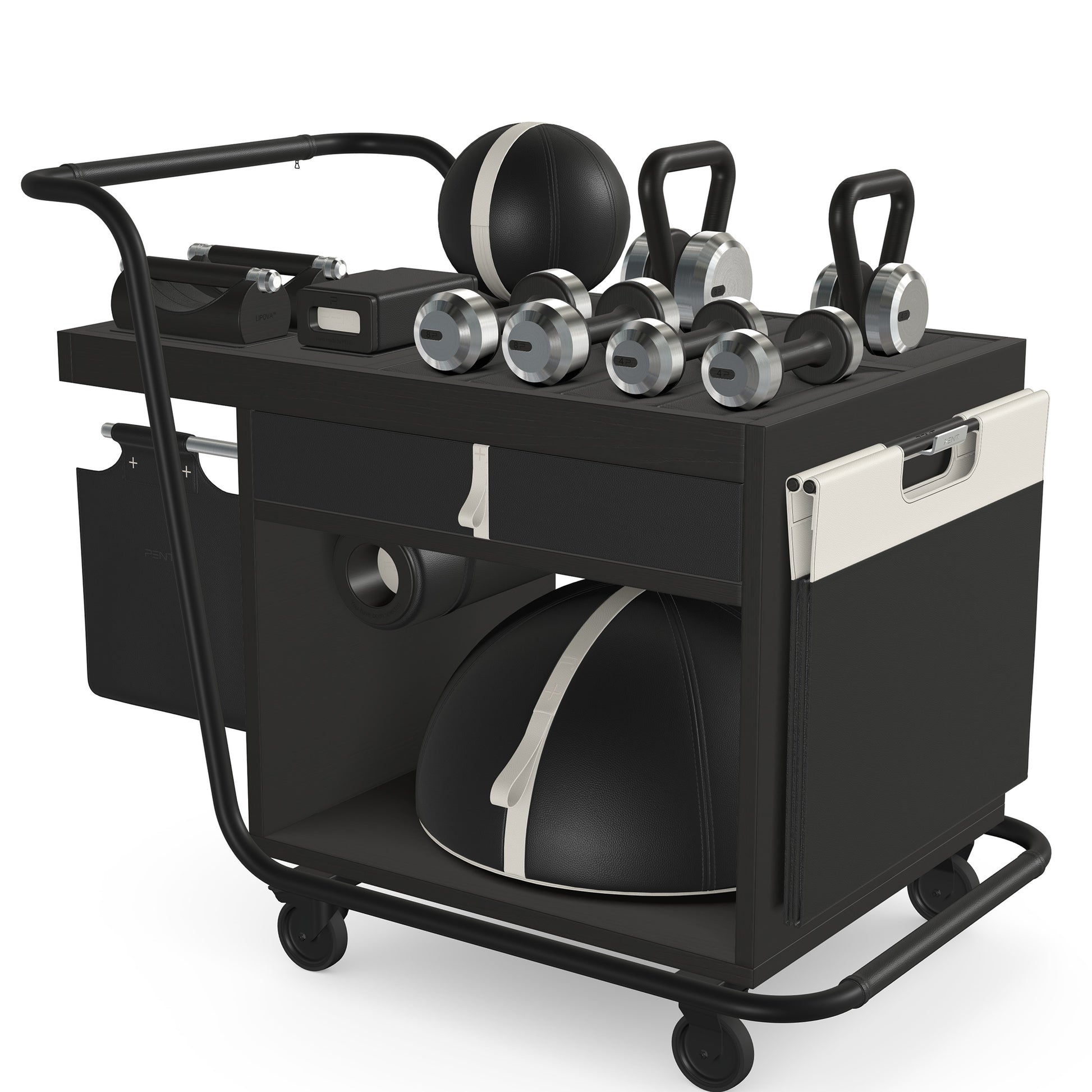 PENT. SOPHIA: dumbbells, kettlebells, balance trainer, medicine ball, skipping rope, exercise mat, push up bars, yoga block and stretching roller. Made with stainless steel, premium Italian black base leather, white accent leather and black ash wood.