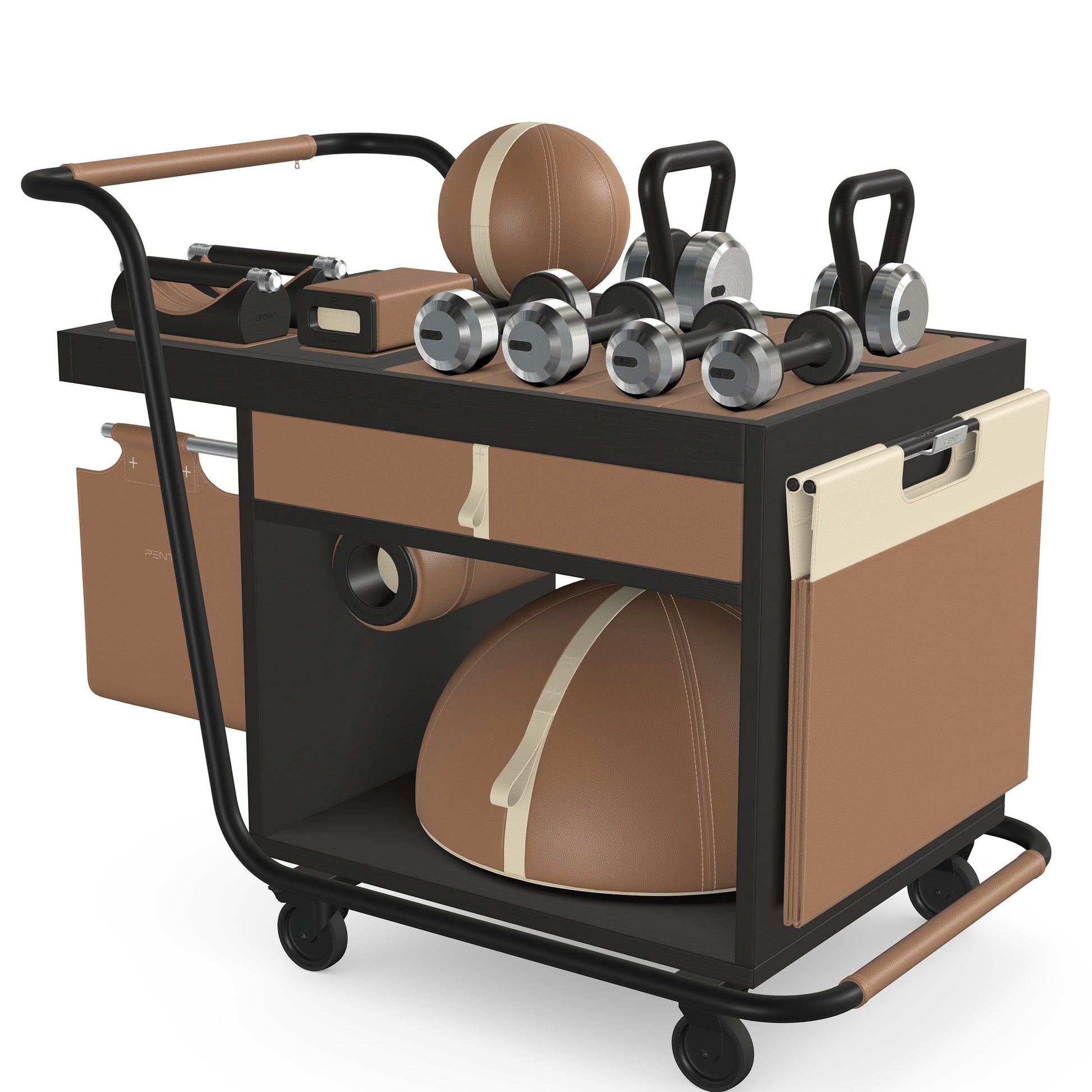 PENT. SOPHIA: dumbbells, kettlebells, balance trainer, medicine ball, skipping rope, exercise mat, push up bars, yoga block and stretching roller. Made with stainless steel, premium Italian brown base leather, beige accent leather and black ash wood.