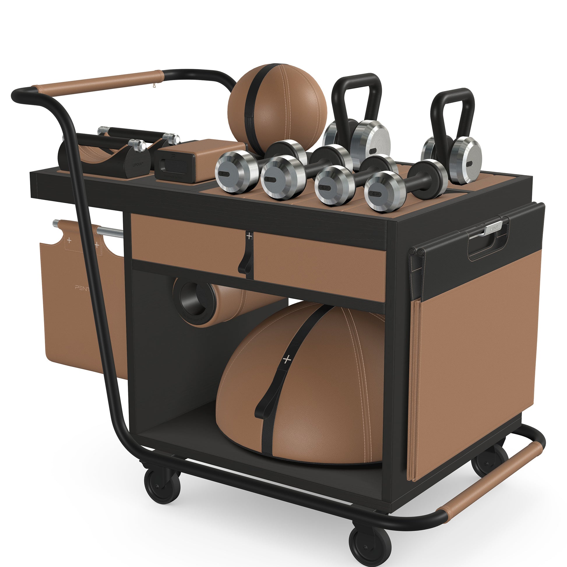 PENT. SOPHIA: dumbbells, kettlebells, balance trainer, medicine ball, skipping rope, exercise mat, push up bars, yoga block and stretching roller. Made with stainless steel, premium Italian brown base leather, black accent leather and black ash wood.