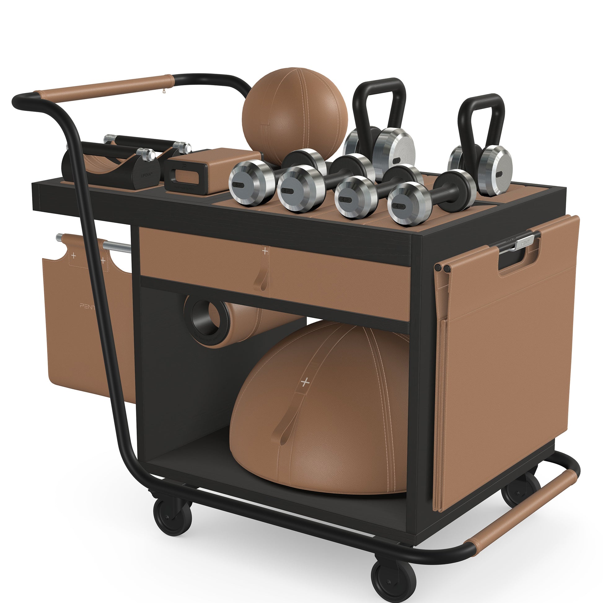 PENT. SOPHIA: dumbbells, kettlebells, balance trainer, medicine ball, skipping rope, exercise mat, push up bars, yoga block and stretching roller. Made with stainless steel, premium Italian brown base leather, brown accent leather and black ash wood.