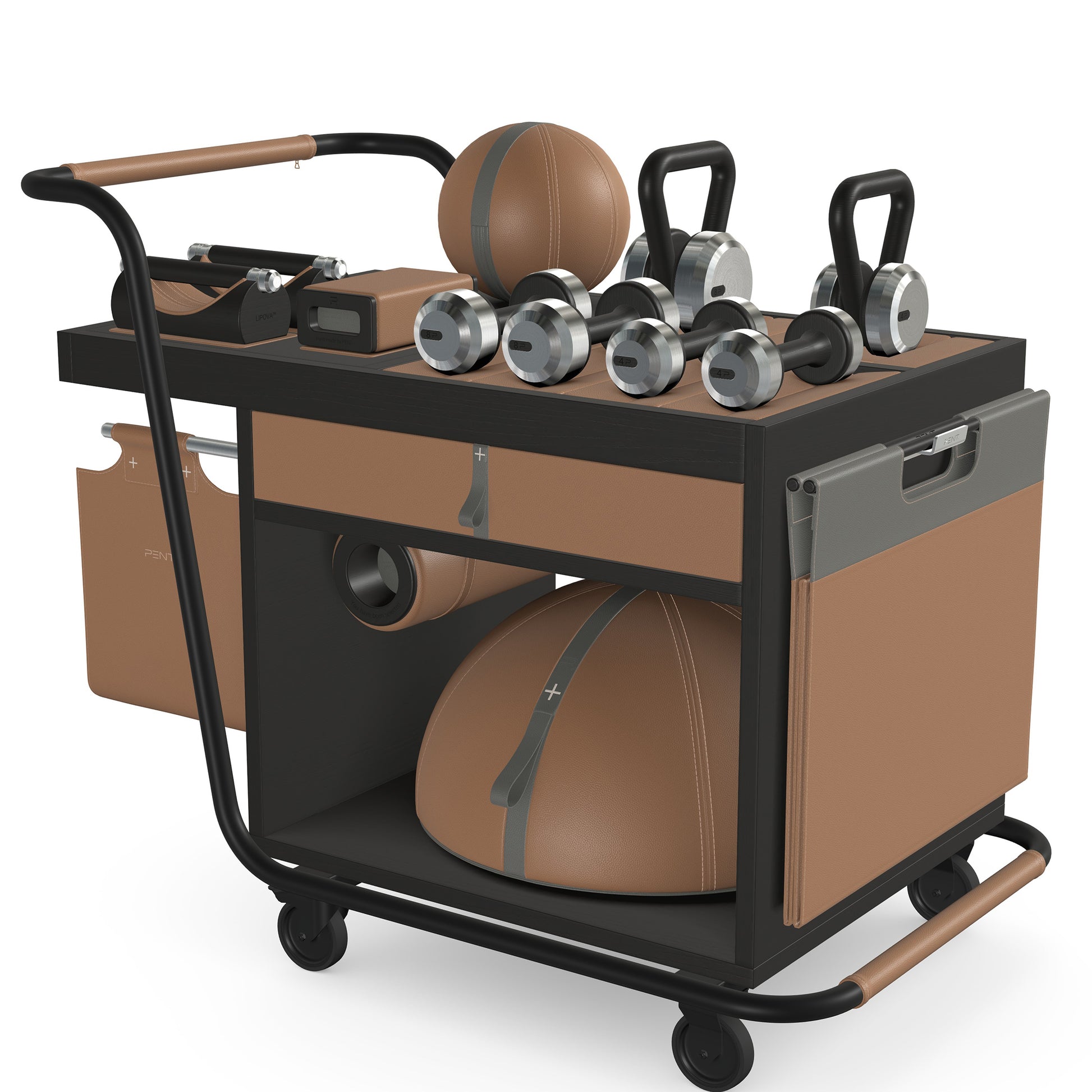 PENT. SOPHIA: dumbbells, kettlebells, balance trainer, medicine ball, skipping rope, exercise mat, push up bars, yoga block and stretching roller. Made with stainless steel, premium Italian brown base leather, grey accent leather and black ash wood.