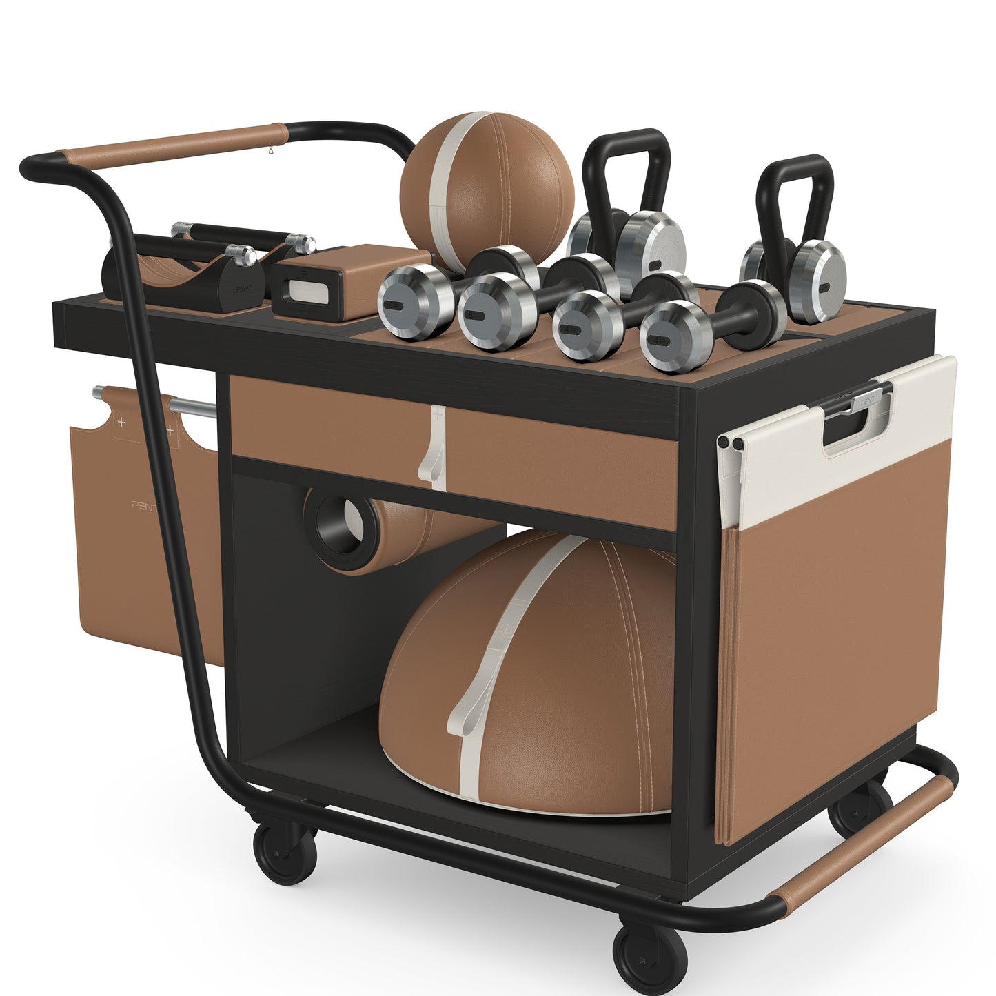 PENT. SOPHIA: dumbbells, kettlebells, balance trainer, medicine ball, skipping rope, exercise mat, push up bars, yoga block and stretching roller. Made with stainless steel, premium Italian brown base leather, white accent leather and black ash wood.
