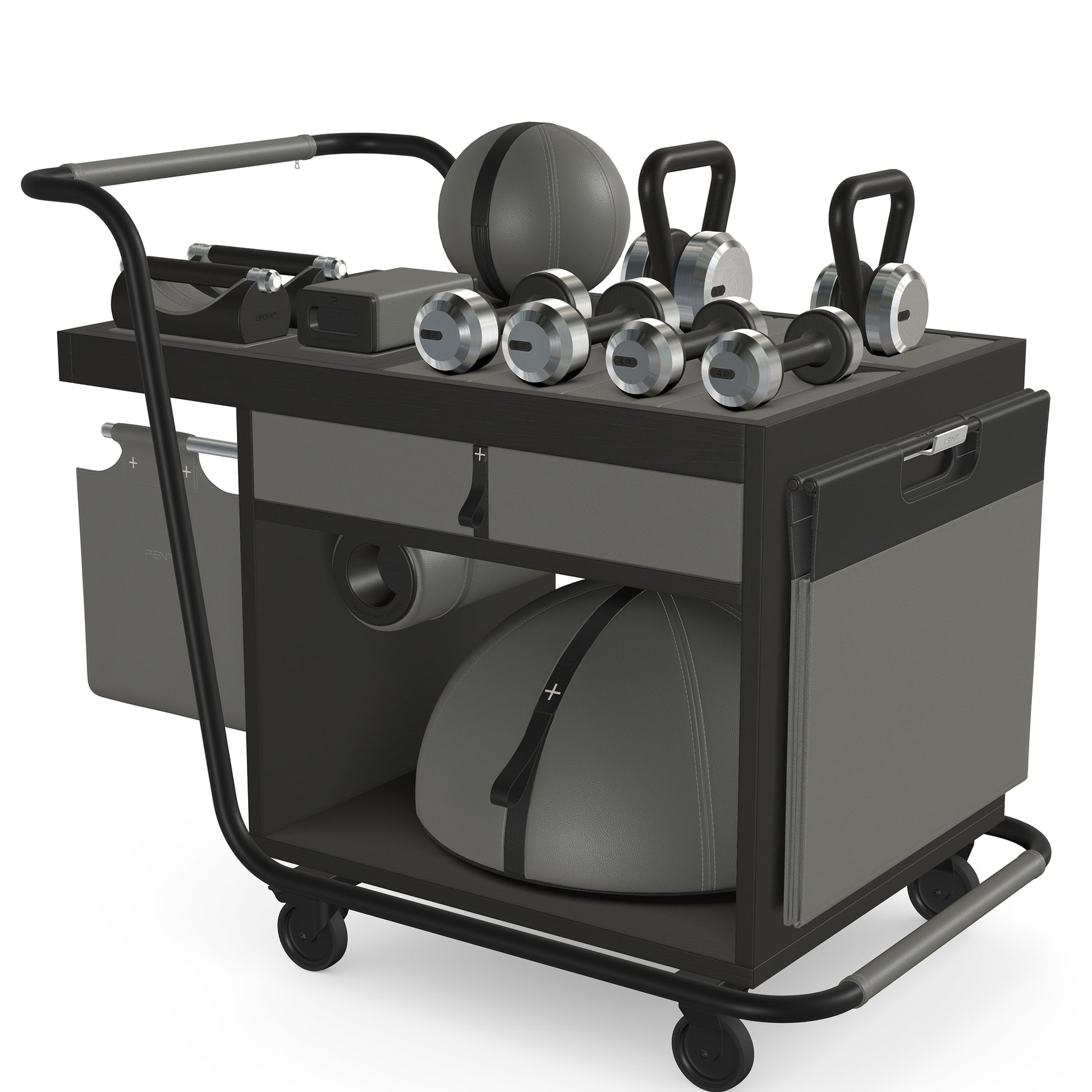 PENT. SOPHIA: dumbbells, kettlebells, balance trainer, medicine ball, skipping rope, exercise mat, push up bars, yoga block and stretching roller. Made with stainless steel, premium Italian grey base leather, black accent leather and black ash wood.