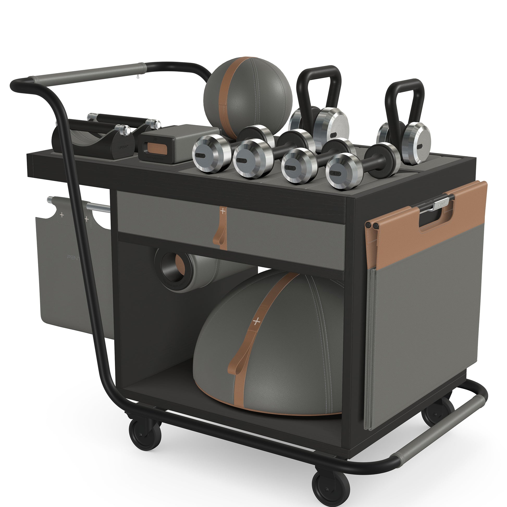 PENT. SOPHIA: dumbbells, kettlebells, balance trainer, medicine ball, skipping rope, exercise mat, push up bars, yoga block and stretching roller. Made with stainless steel, premium Italian grey base leather, brown accent leather and black ash wood.