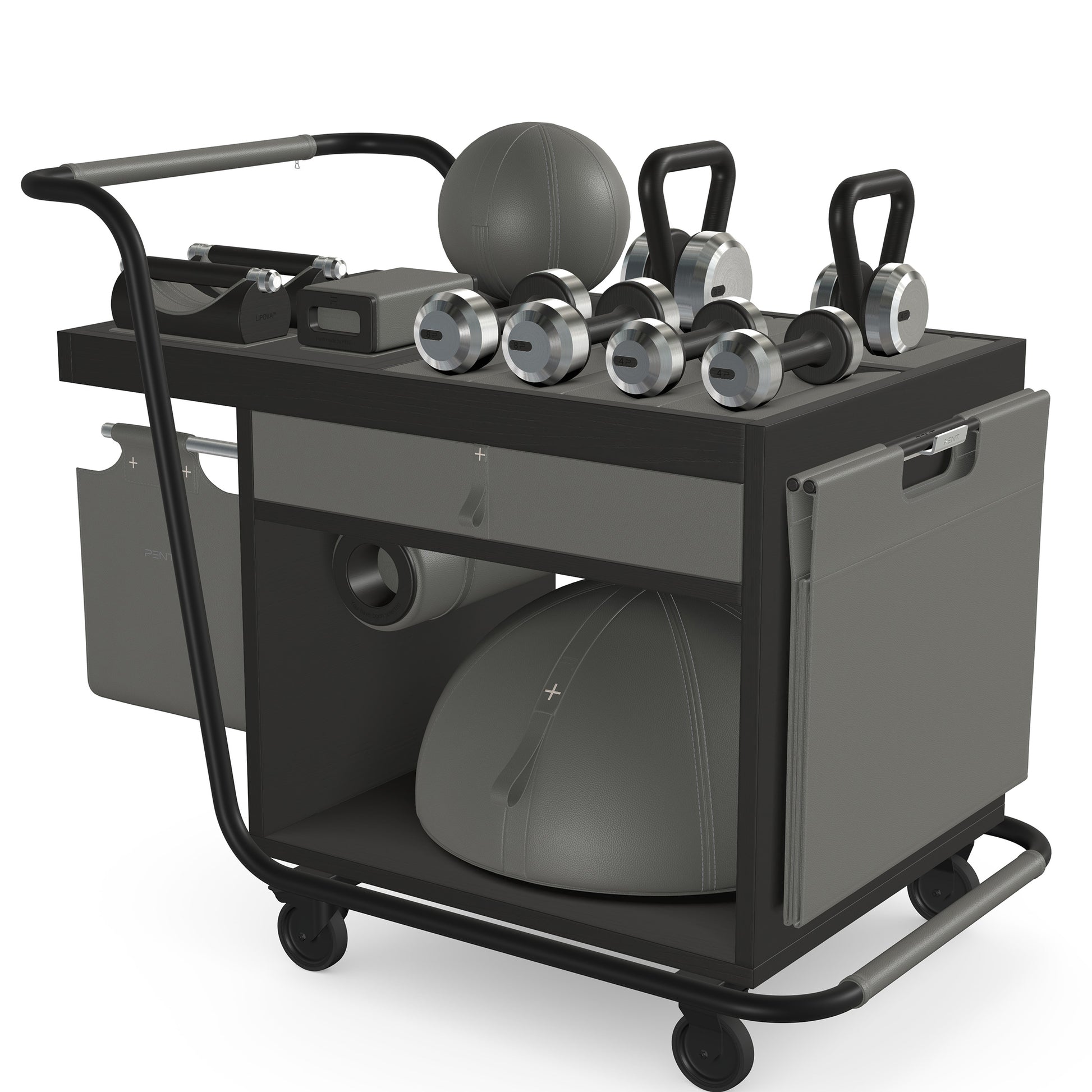PENT. SOPHIA: dumbbells, kettlebells, balance trainer, medicine ball, skipping rope, exercise mat, push up bars, yoga block and stretching roller. Made with stainless steel, premium Italian grey base leather, grey accent leather and black ash wood.