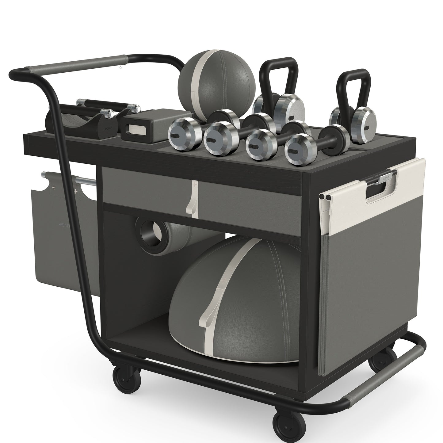 PENT. SOPHIA: dumbbells, kettlebells, balance trainer, medicine ball, skipping rope, exercise mat, push up bars, yoga block and stretching roller. Made with stainless steel, premium Italian grey base leather, white accent leather and black ash wood.