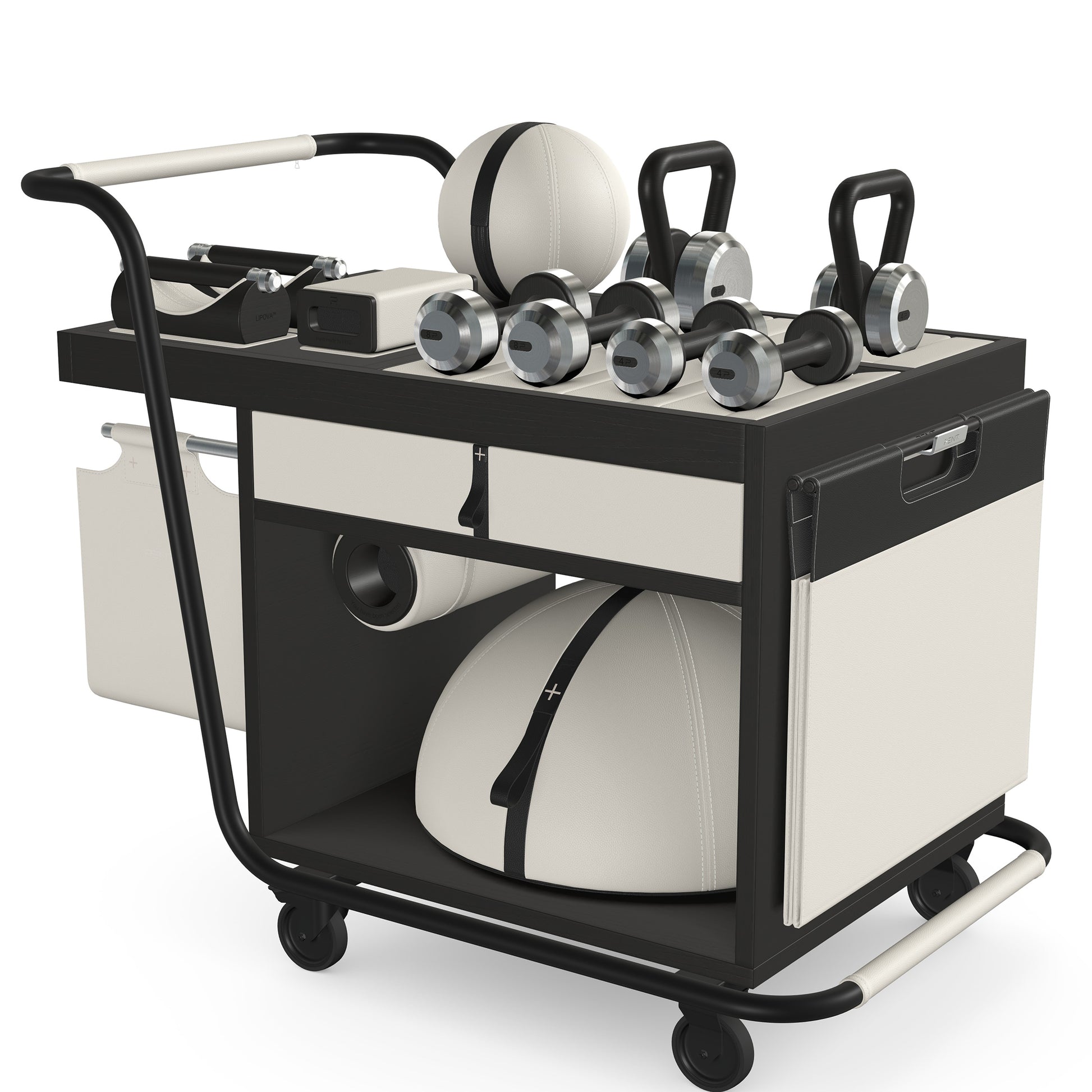 PENT. SOPHIA: dumbbells, kettlebells, balance trainer, medicine ball, skipping rope, exercise mat, push up bars, yoga block and stretching roller. Made with stainless steel, premium Italian white base leather, black accent leather and black ash wood.