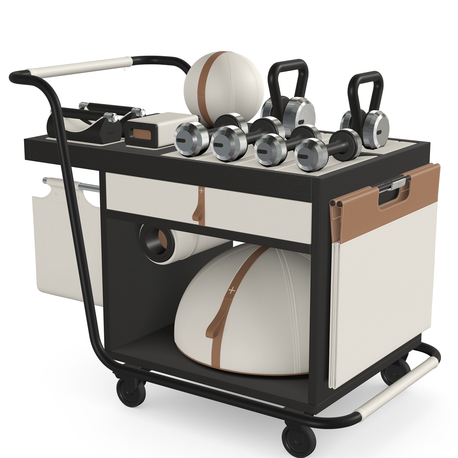 PENT. SOPHIA: dumbbells, kettlebells, balance trainer, medicine ball, skipping rope, exercise mat, push up bars, yoga block and stretching roller. Made with stainless steel, premium Italian white base leather, brown accent leather and black ash wood.