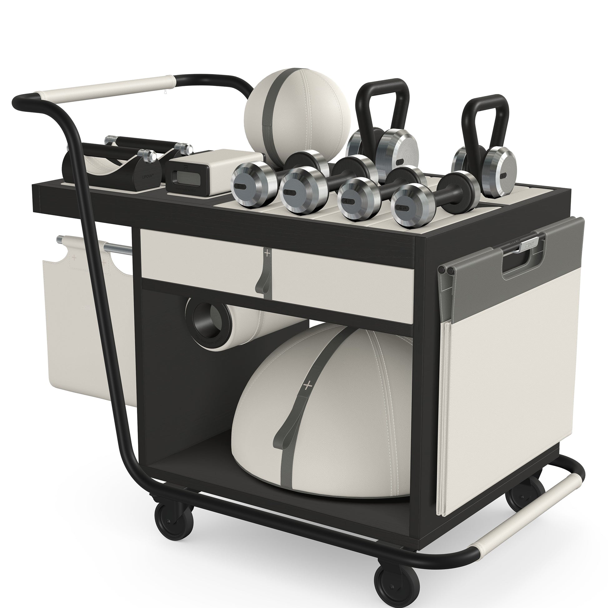 PENT. SOPHIA: dumbbells, kettlebells, balance trainer, medicine ball, skipping rope, exercise mat, push up bars, yoga block and stretching roller. Made with stainless steel, premium Italian white base leather, grey accent leather and black ash wood.