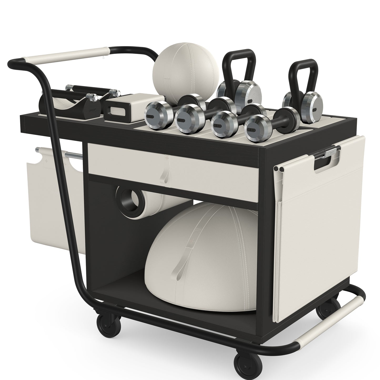PENT. SOPHIA: dumbbells, kettlebells, balance trainer, medicine ball, skipping rope, exercise mat, push up bars, yoga block and stretching roller. Made with stainless steel, premium Italian white base leather, white accent leather and black ash wood.