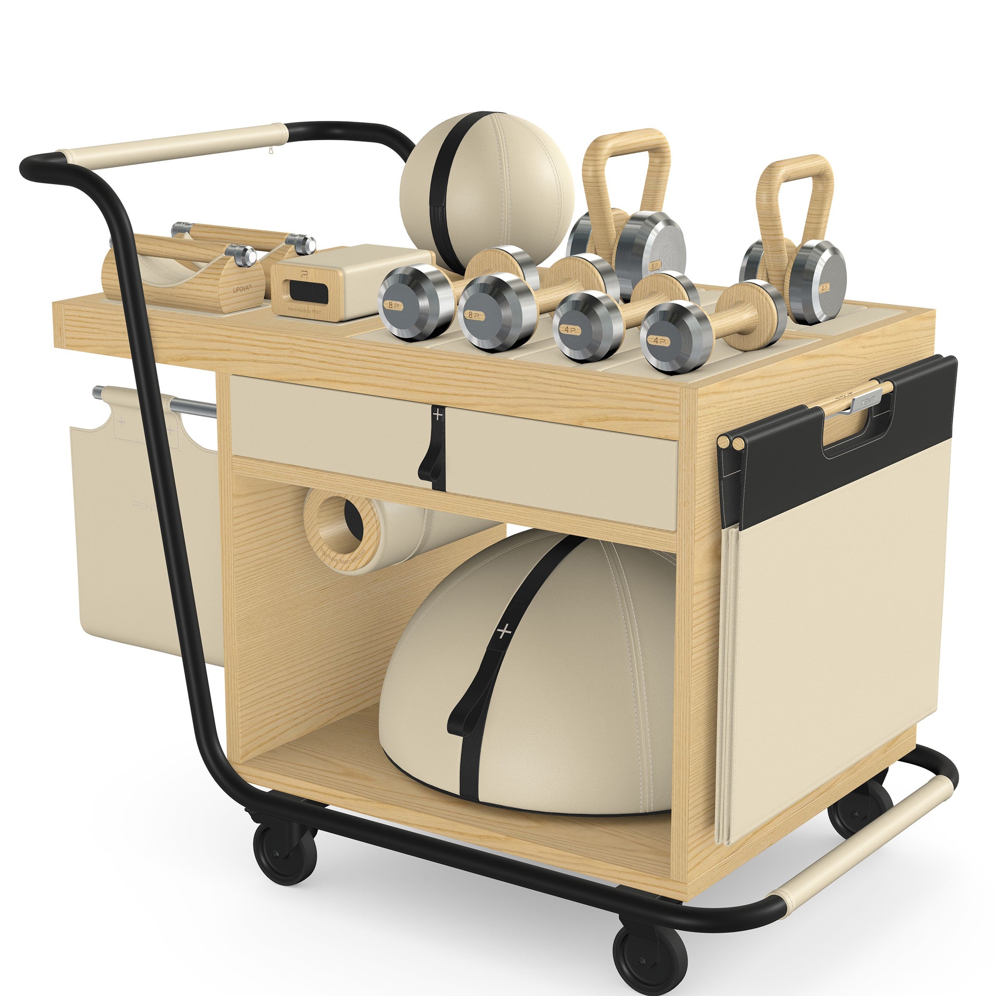 PENT. SOPHIA: dumbbells, kettlebells, balance trainer, medicine ball, skipping rope, exercise mat, push up bars, yoga block and stretching roller. Made with stainless steel, premium Italian beige base leather, black accent leather and natural ash wood.