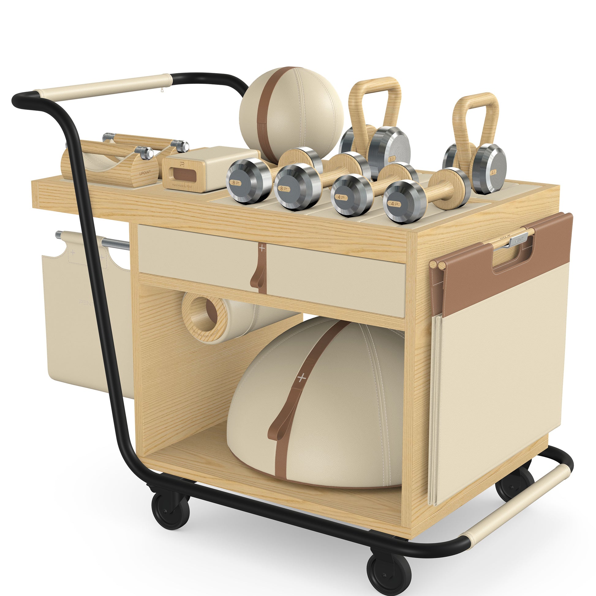 PENT. SOPHIA: dumbbells, kettlebells, balance trainer, medicine ball, skipping rope, exercise mat, push up bars, yoga block and stretching roller. Made with stainless steel, premium Italian beige base leather, brown accent leather and natural ash wood.