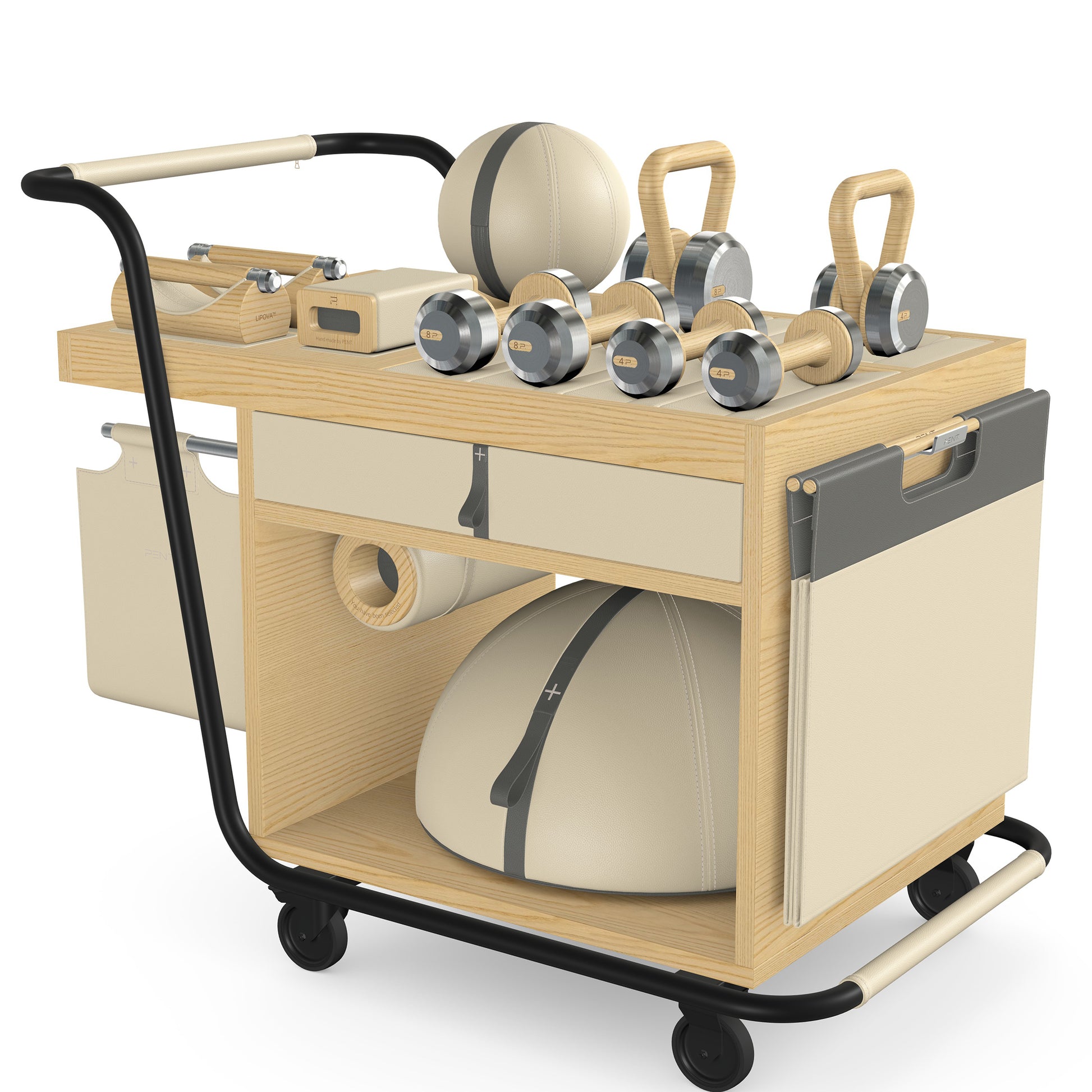 PENT. SOPHIA: dumbbells, kettlebells, balance trainer, medicine ball, skipping rope, exercise mat, push up bars, yoga block and stretching roller. Made with stainless steel, premium Italian beige base leather, grey accent leather and natural ash wood.