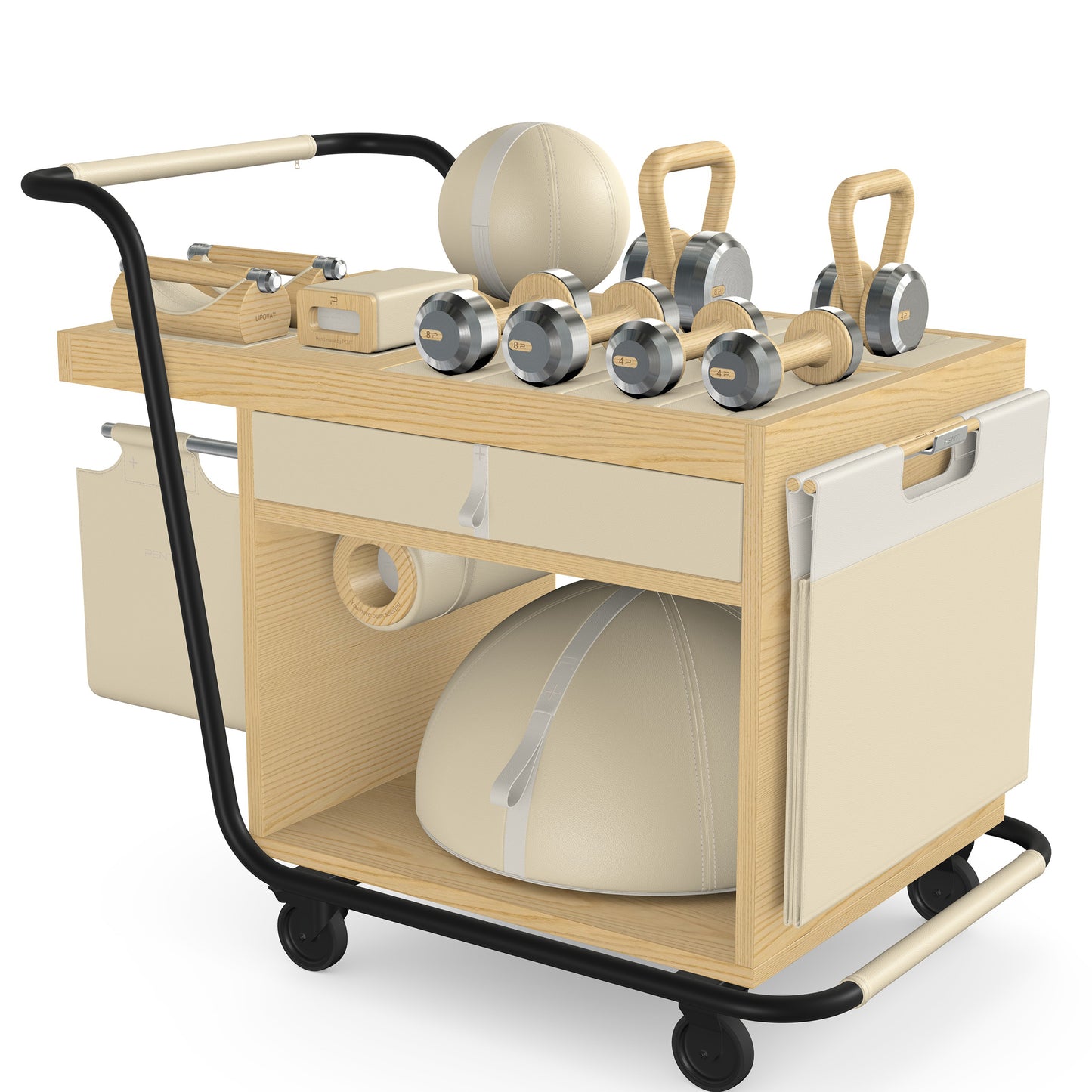 PENT. SOPHIA: dumbbells, kettlebells, balance trainer, medicine ball, skipping rope, exercise mat, push up bars, yoga block and stretching roller. Made with stainless steel, premium Italian beige base leather, white accent leather and natural ash wood.