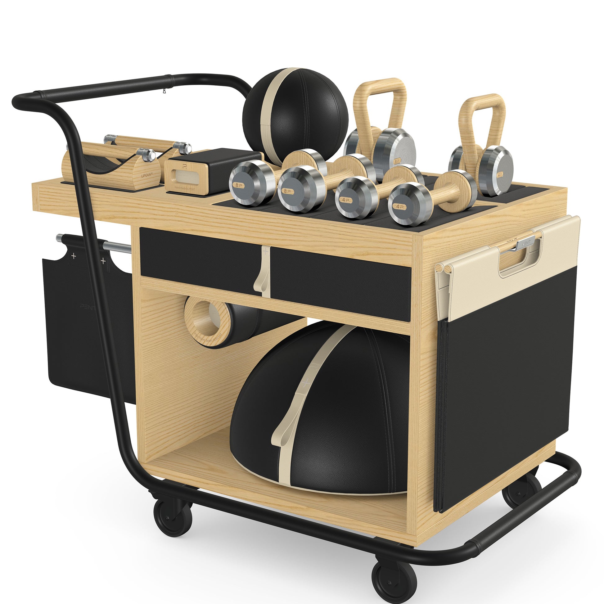 PENT. SOPHIA: dumbbells, kettlebells, balance trainer, medicine ball, skipping rope, exercise mat, push up bars, yoga block and stretching roller. Made with stainless steel, premium Italian black base leather, beige accent leather and natural ash wood.