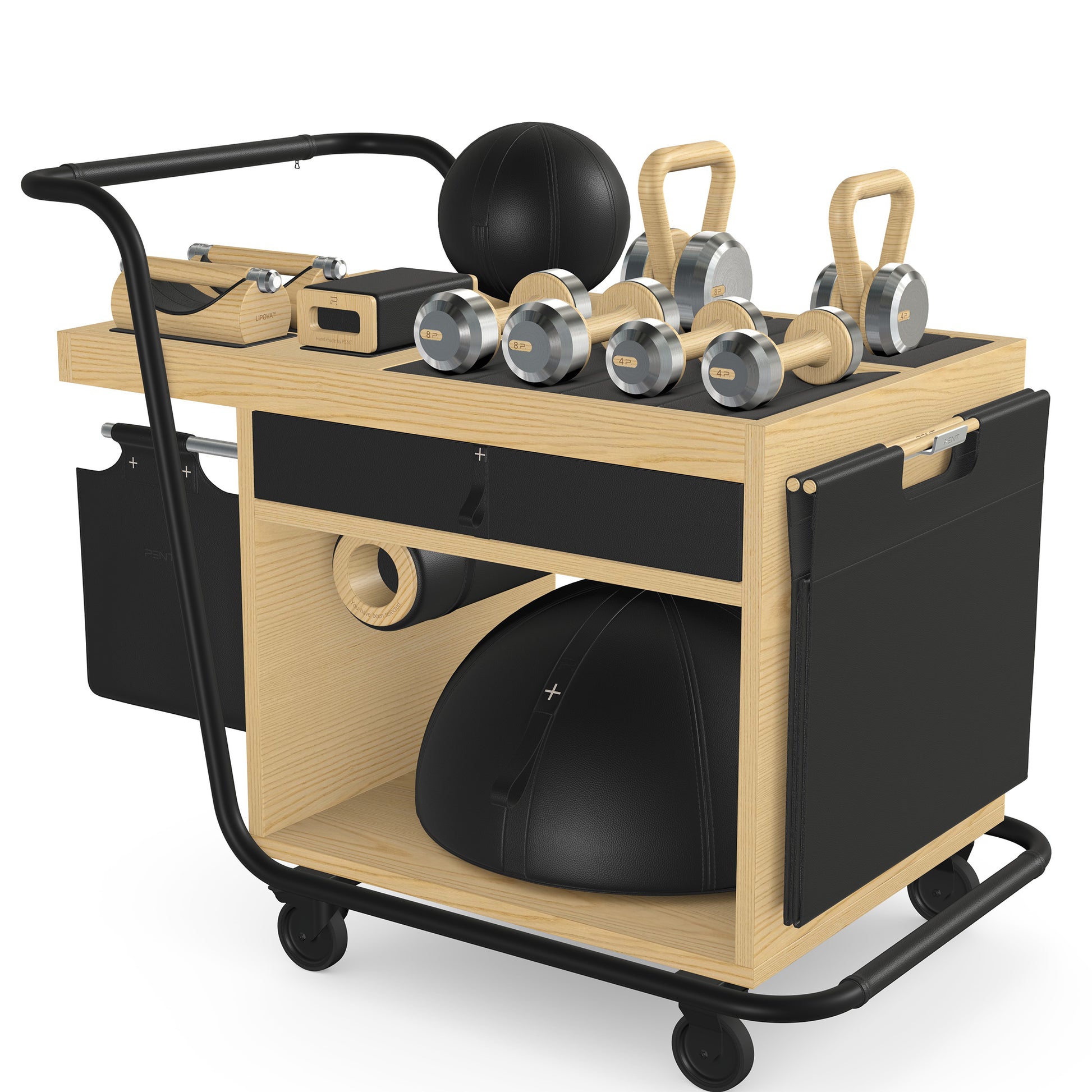 PENT. SOPHIA: dumbbells, kettlebells, balance trainer, medicine ball, skipping rope, exercise mat, push up bars, yoga block and stretching roller. Made with stainless steel, premium Italian black base leather, black accent leather and natural ash wood.