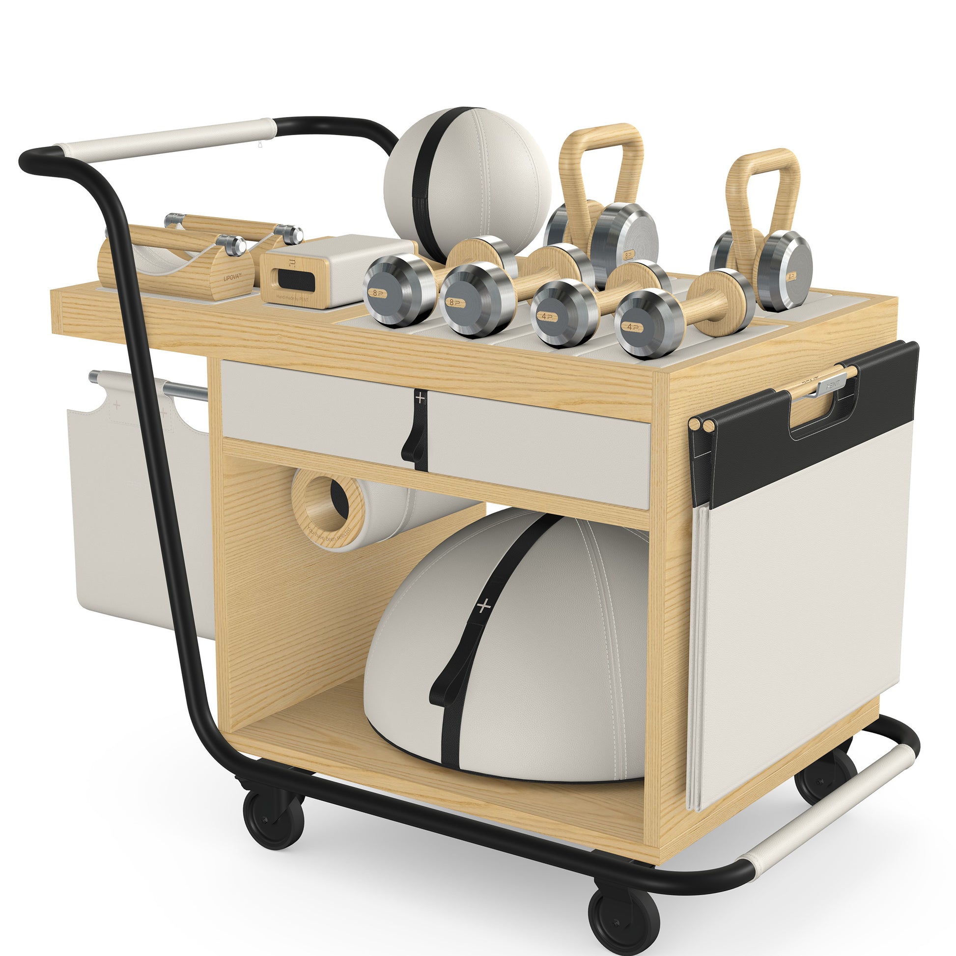 PENT. SOPHIA: dumbbells, kettlebells, balance trainer, medicine ball, skipping rope, exercise mat, push up bars, yoga block and stretching roller. Made with stainless steel, premium Italian white base leather, black accent leather and natural ash wood.