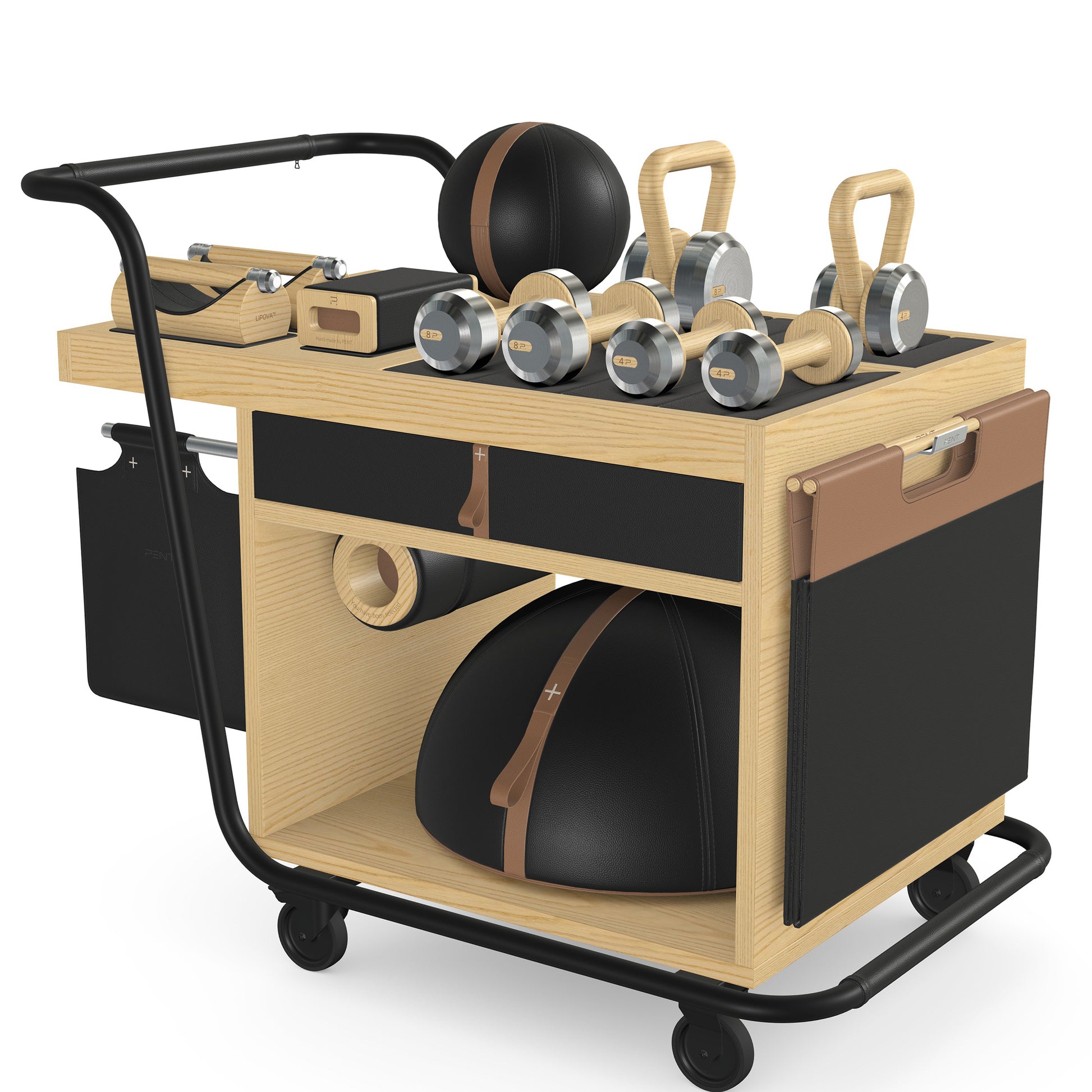 PENT. SOPHIA: dumbbells, kettlebells, balance trainer, medicine ball, skipping rope, exercise mat, push up bars, yoga block and stretching roller. Made with stainless steel, premium Italian black base leather, brown accent leather and natural ash wood.