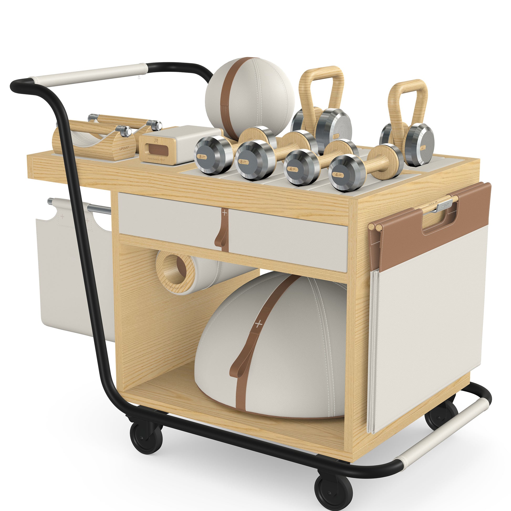 PENT. SOPHIA: dumbbells, kettlebells, balance trainer, medicine ball, skipping rope, exercise mat, push up bars, yoga block and stretching roller. Made with stainless steel, premium Italian white base leather, brown accent leather and natural ash wood.