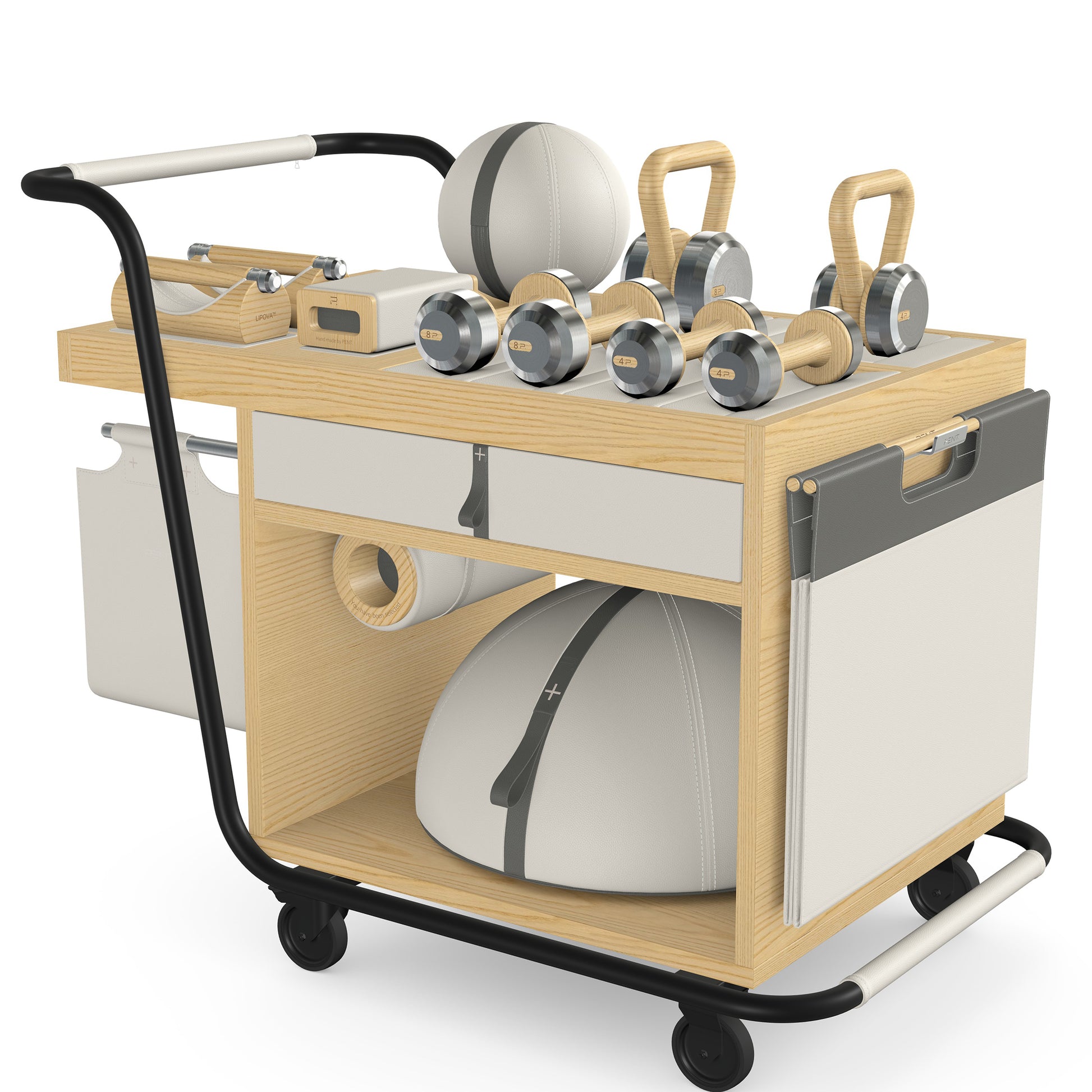 PENT. SOPHIA: dumbbells, kettlebells, balance trainer, medicine ball, skipping rope, exercise mat, push up bars, yoga block and stretching roller. Made with stainless steel, premium Italian white base leather, grey accent leather and natural ash wood.