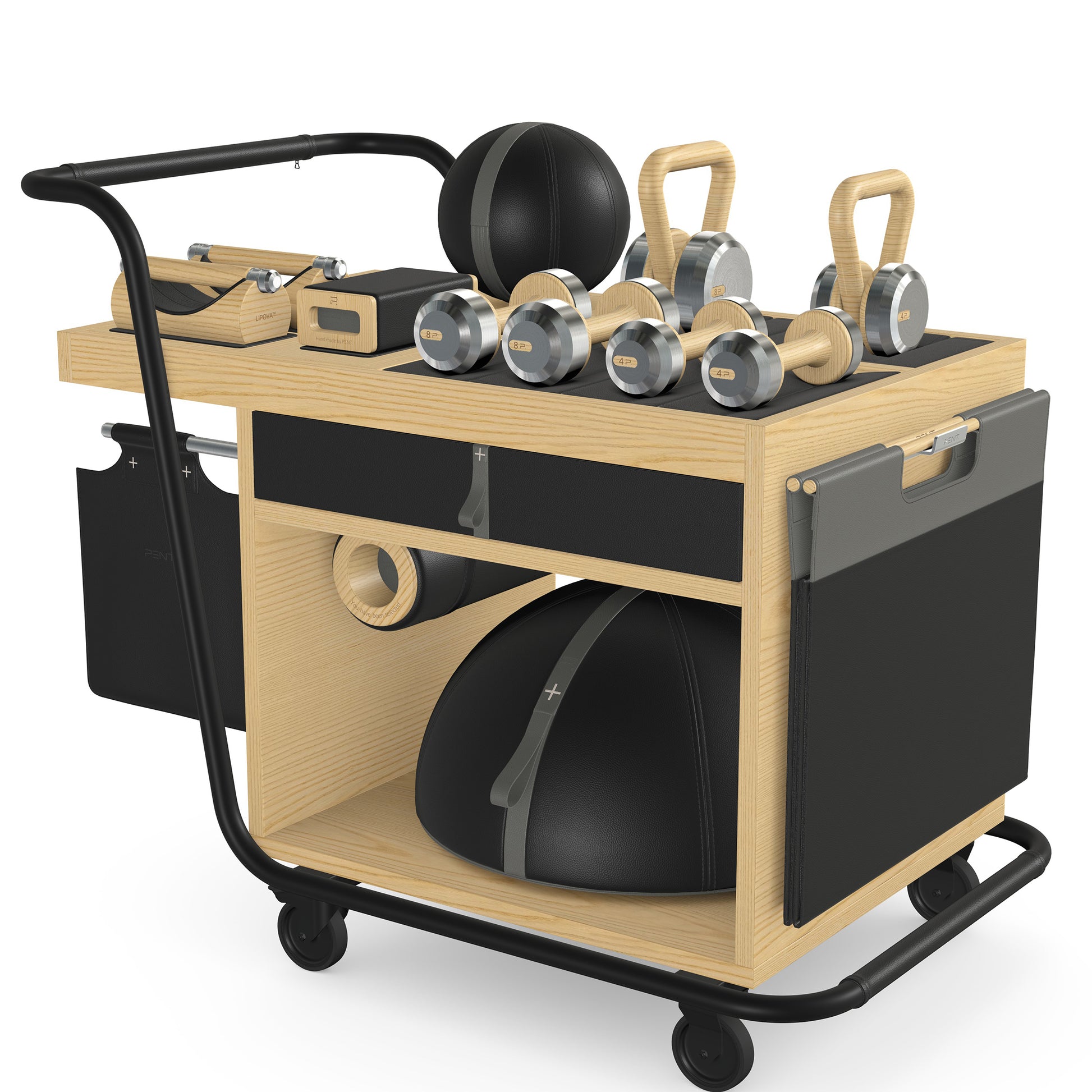 PENT. SOPHIA: dumbbells, kettlebells, balance trainer, medicine ball, skipping rope, exercise mat, push up bars, yoga block and stretching roller. Made with stainless steel, premium Italian black base leather, grey accent leather and natural ash wood.