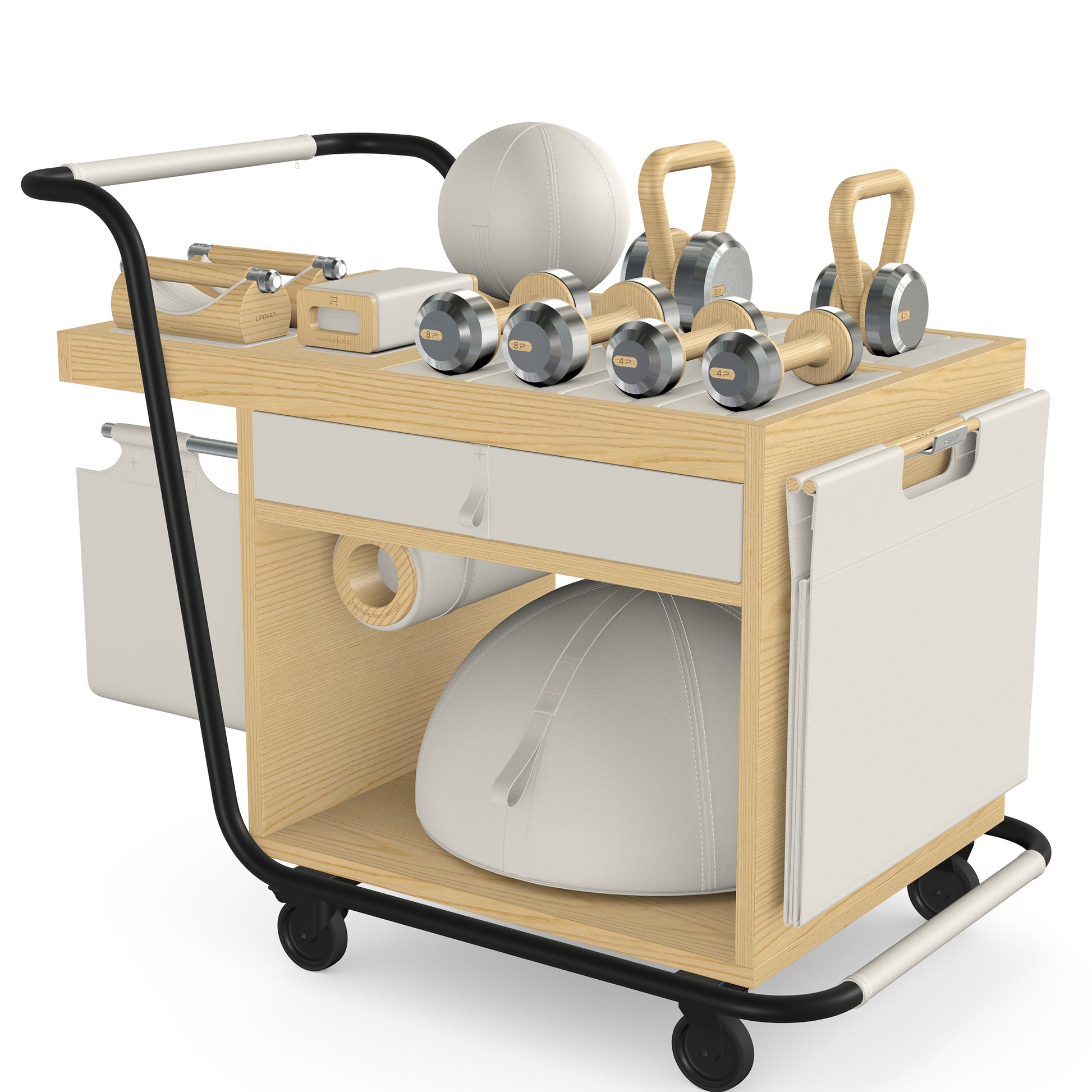 PENT. SOPHIA: dumbbells, kettlebells, balance trainer, medicine ball, skipping rope, exercise mat, push up bars, yoga block and stretching roller. Made with stainless steel, premium Italian white base leather, white accent leather and natural ash wood.