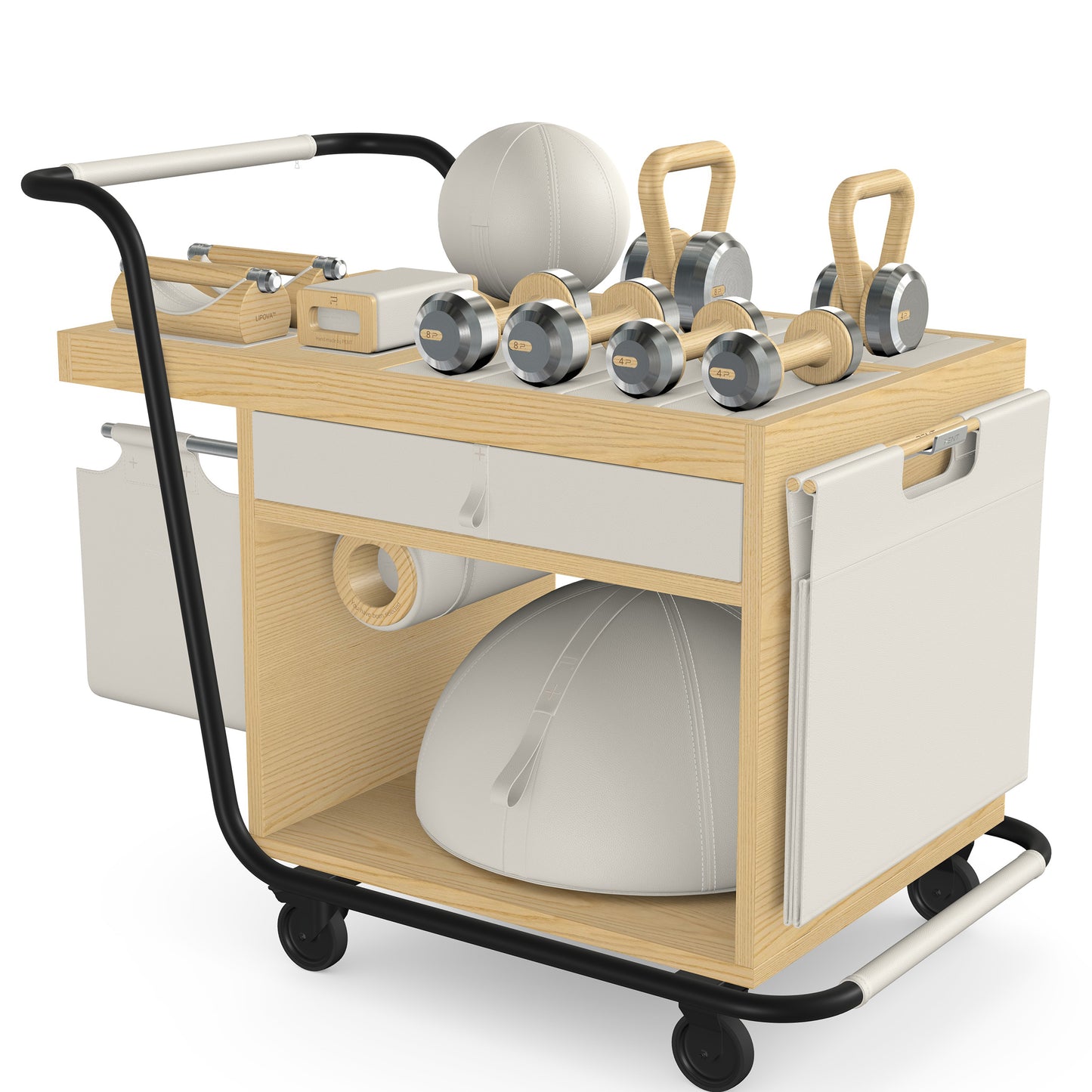 PENT. SOPHIA: dumbbells, kettlebells, balance trainer, medicine ball, skipping rope, exercise mat, push up bars, yoga block and stretching roller. Made with stainless steel, premium Italian white base leather, white accent leather and natural ash wood.