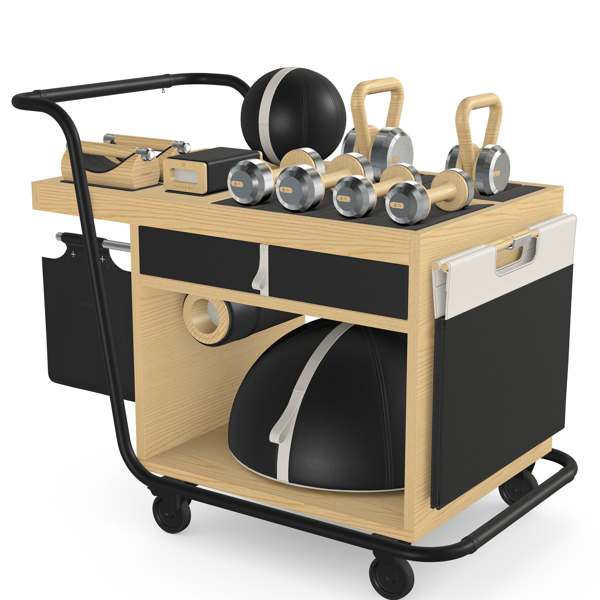 PENT. SOPHIA: dumbbells, kettlebells, balance trainer, medicine ball, skipping rope, exercise mat, push up bars, yoga block and stretching roller. Made with stainless steel, premium Italian black base leather, white accent leather and natural ash wood.