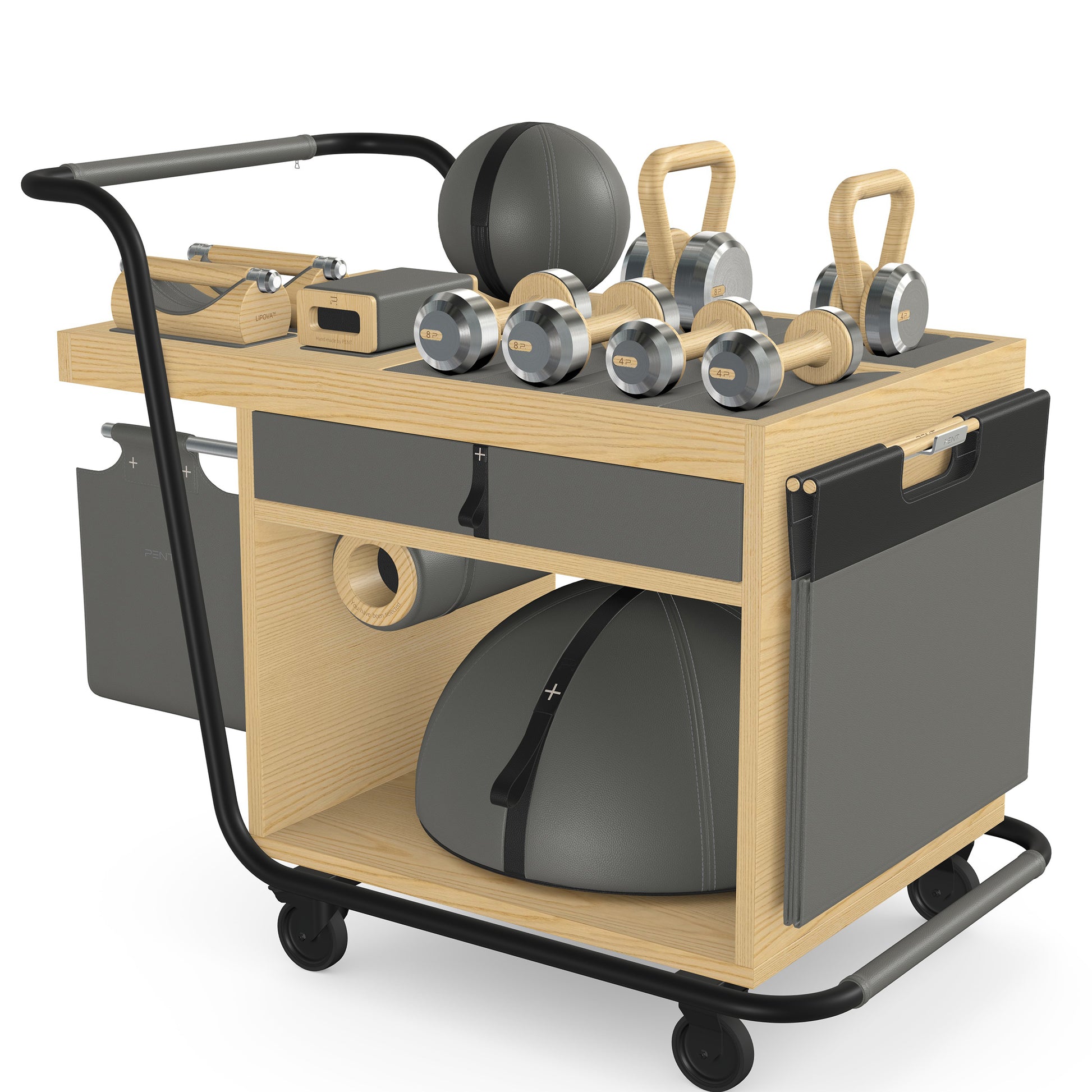 PENT. SOPHIA: dumbbells, kettlebells, balance trainer, medicine ball, skipping rope, exercise mat, push up bars, yoga block and stretching roller. Made with stainless steel, premium Italian grey base leather, black accent leather and natural ash wood.