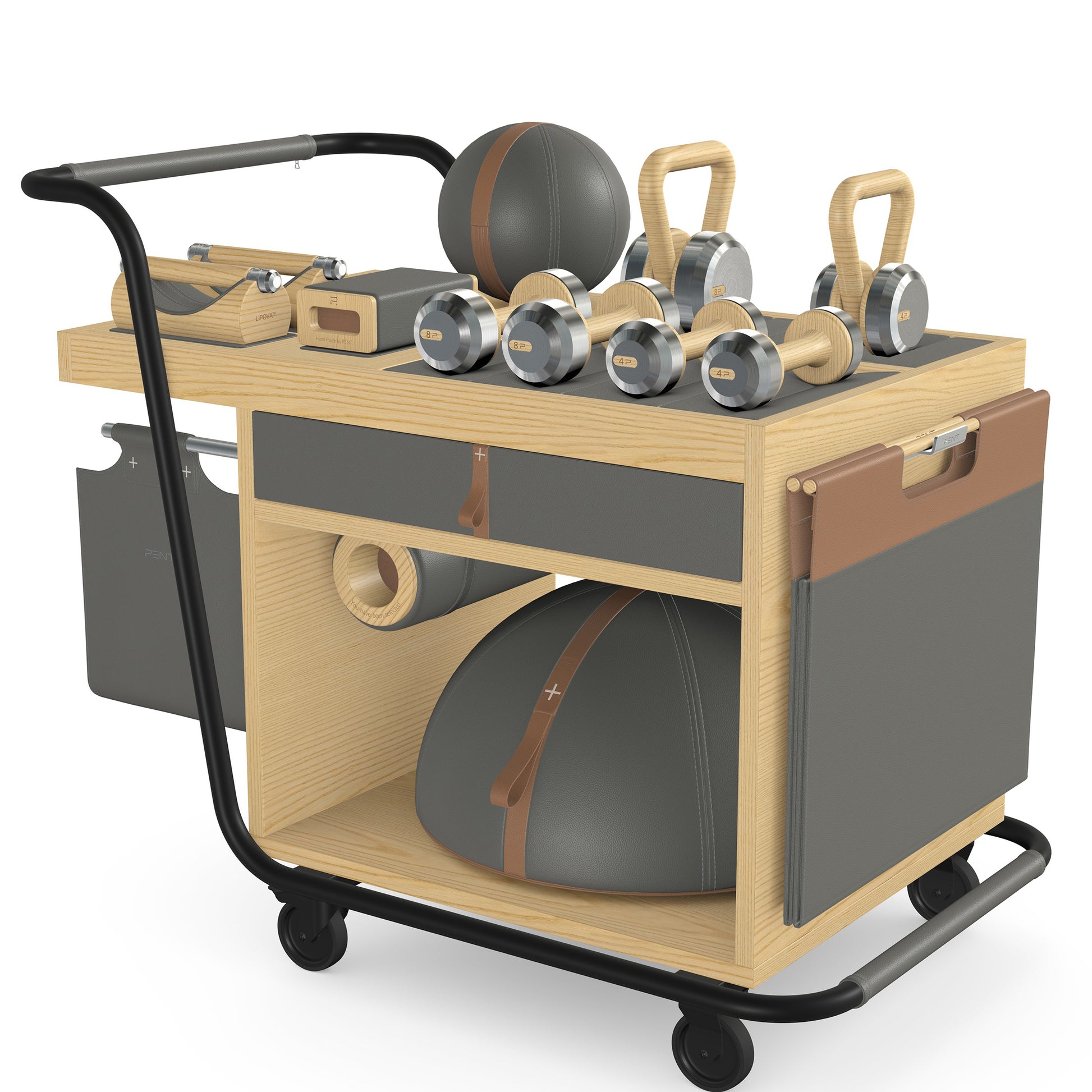 PENT. SOPHIA: dumbbells, kettlebells, balance trainer, medicine ball, skipping rope, exercise mat, push up bars, yoga block and stretching roller. Made with stainless steel, premium Italian grey base leather, brown accent leather and natural ash wood.