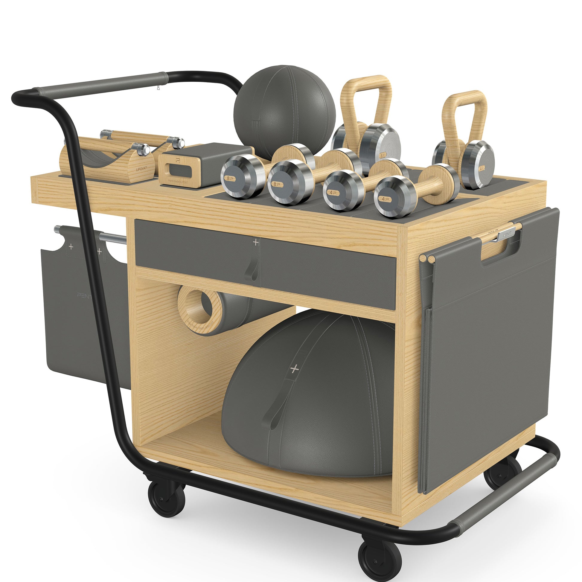 PENT. SOPHIA: dumbbells, kettlebells, balance trainer, medicine ball, skipping rope, exercise mat, push up bars, yoga block and stretching roller. Made with stainless steel, premium Italian grey base leather, grey accent leather and natural ash wood.