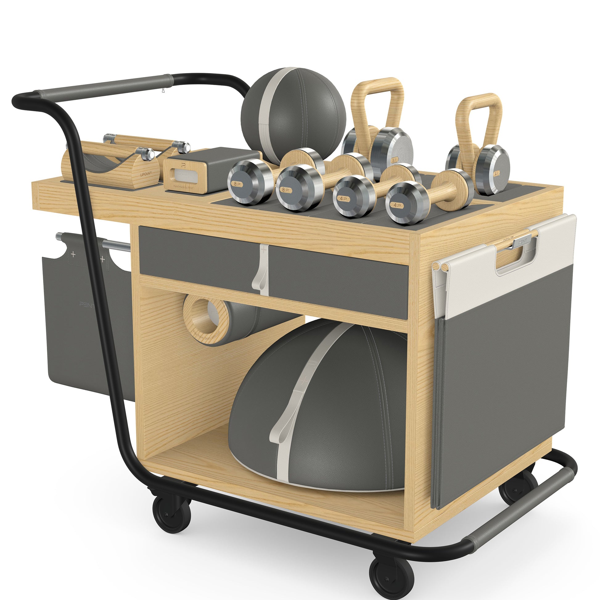 PENT. SOPHIA: dumbbells, kettlebells, balance trainer, medicine ball, skipping rope, exercise mat, push up bars, yoga block and stretching roller. Made with stainless steel, premium Italian grey base leather, white accent leather and natural ash wood.