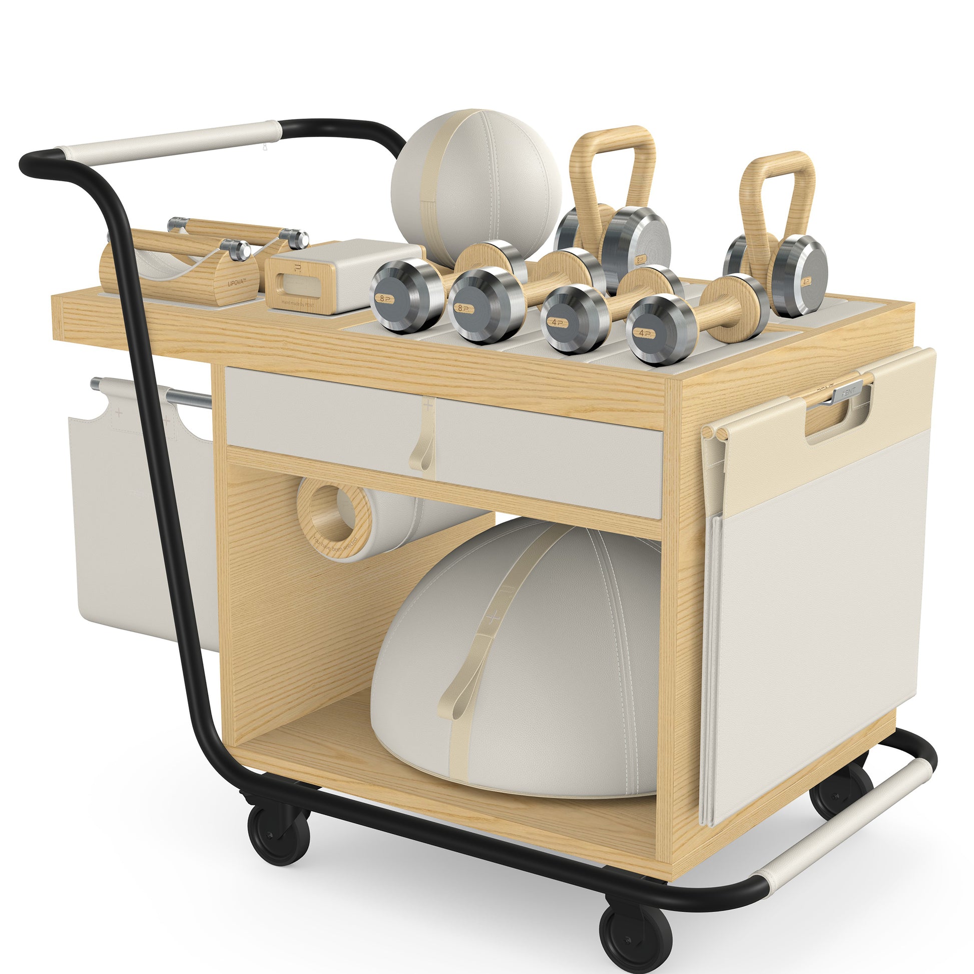 PENT. SOPHIA: dumbbells, kettlebells, balance trainer, medicine ball, skipping rope, exercise mat, push up bars, yoga block and stretching roller. Made with stainless steel, premium Italian white base leather, beige accent leather and natural ash wood.