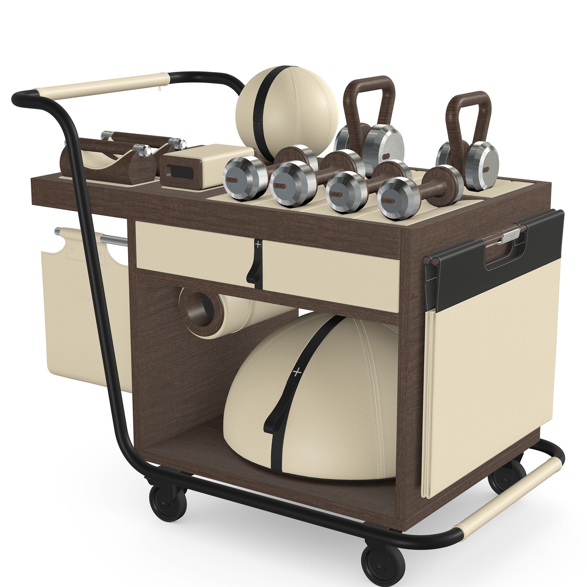 PENT. SOPHIA: dumbbells, kettlebells, balance trainer, medicine ball, skipping rope, exercise mat, push up bars, yoga block and stretching roller. Made with stainless steel, premium Italian beige base leather, black accent leather and dark walnut wood.