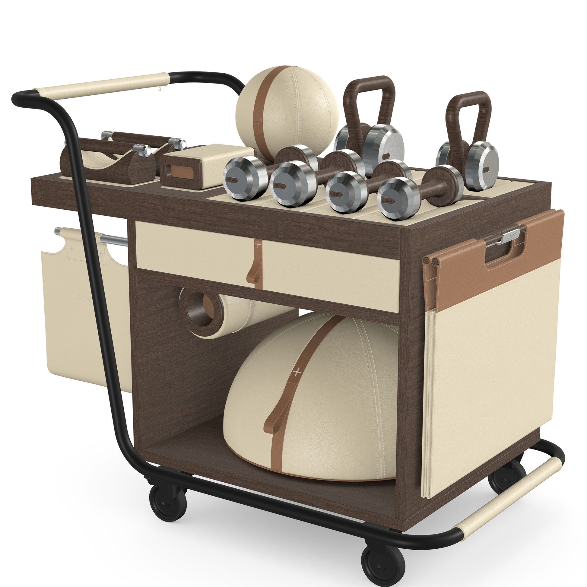 PENT. SOPHIA: dumbbells, kettlebells, balance trainer, medicine ball, skipping rope, exercise mat, push up bars, yoga block and stretching roller. Made with stainless steel, premium Italian beige base leather, brown accent leather and dark walnut wood.